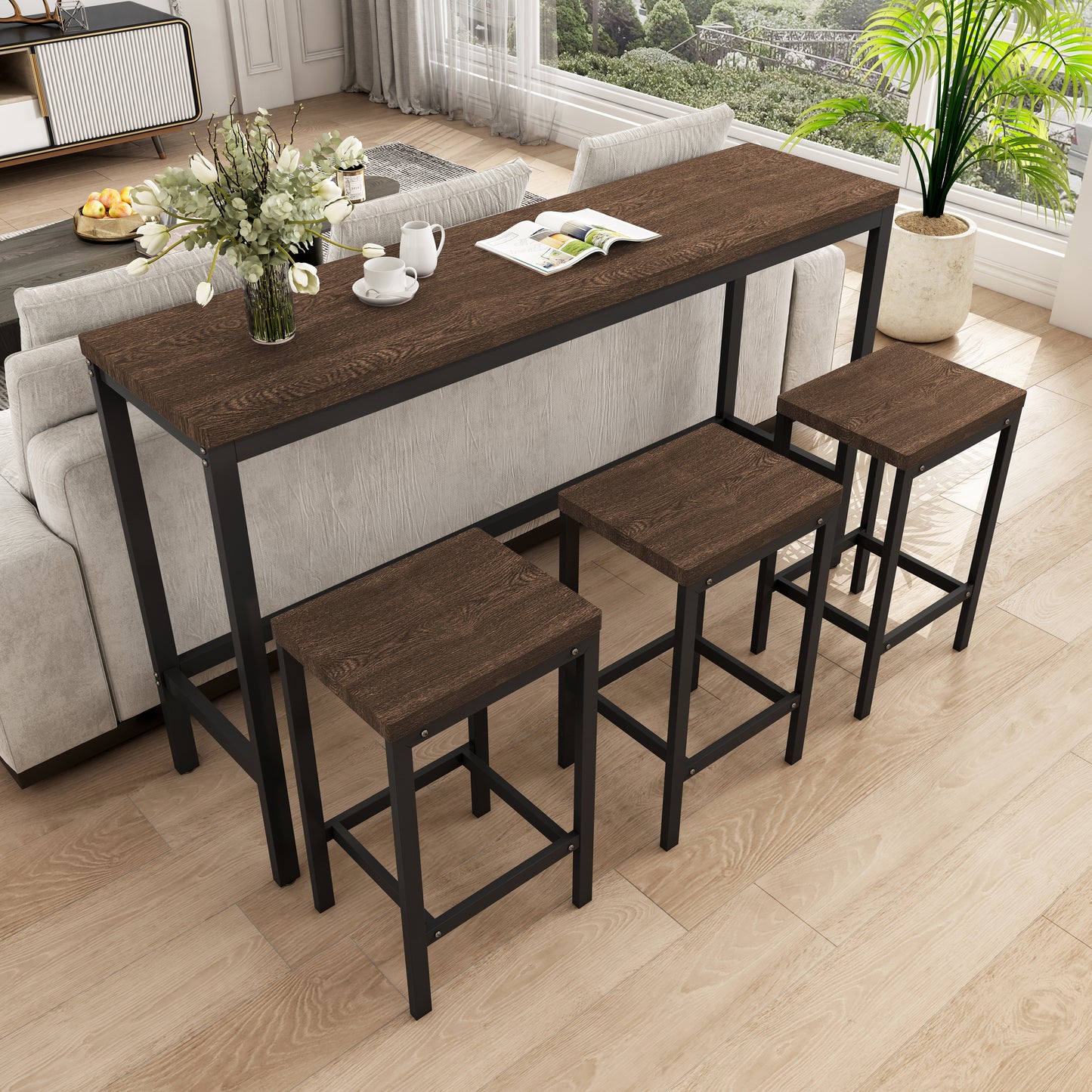 Dark wood bar table and stools set in modern living space