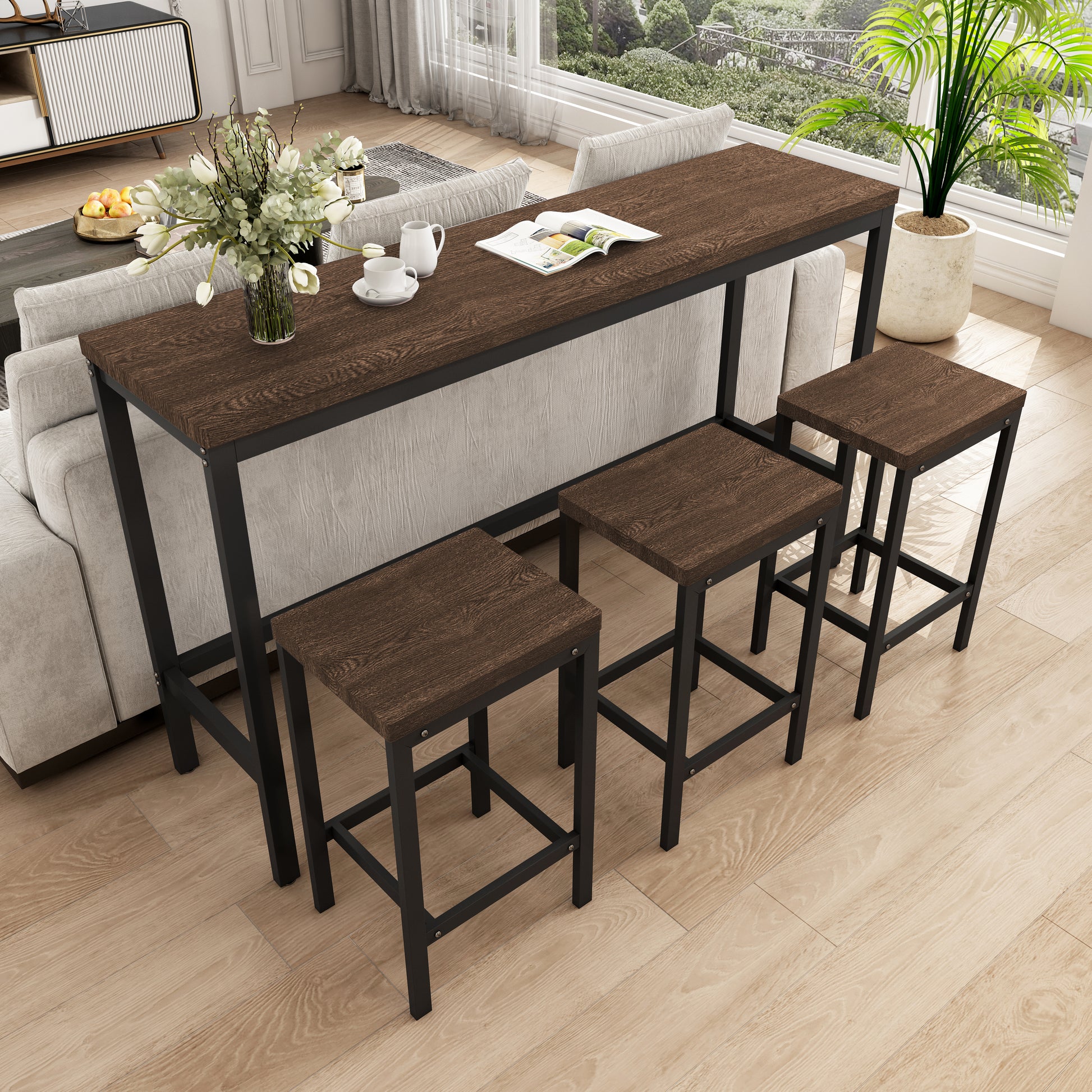 Dark wood bar table and stools set in modern living space