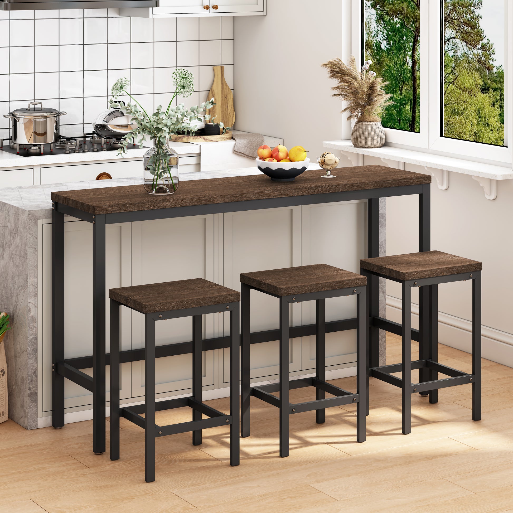 Rustic brown wood finish bar table set with three matching stools