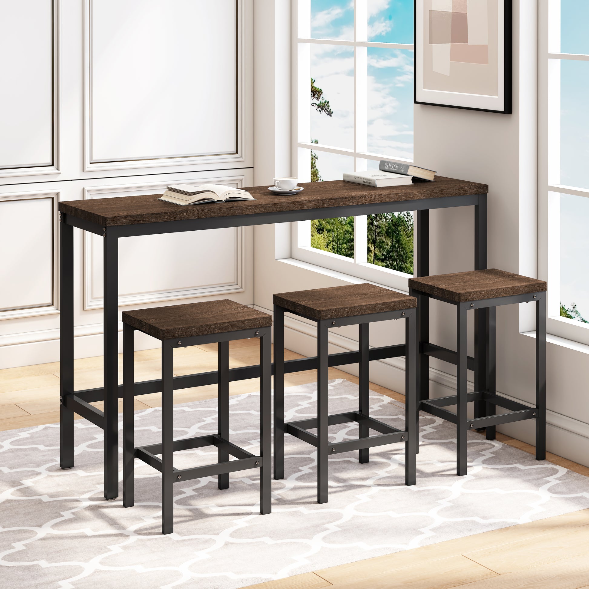 Dark wood pub table with black metal frame and three matching stools