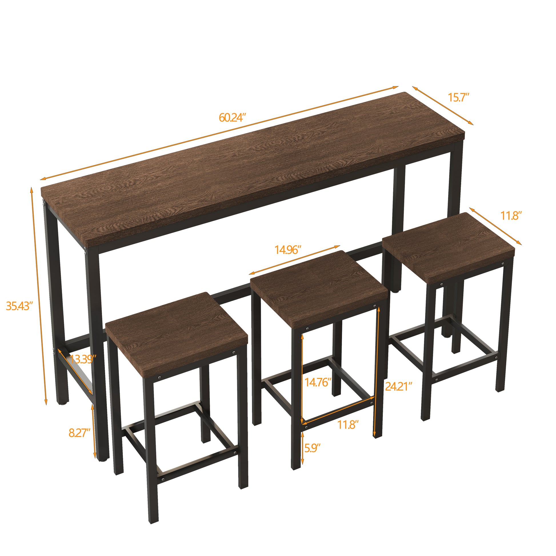 Brown wood grain top bar table with black metal frame and three stools