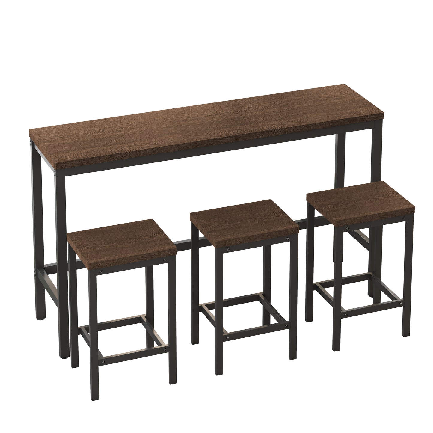 Dark wood pub table with black metal frame and three matching stools