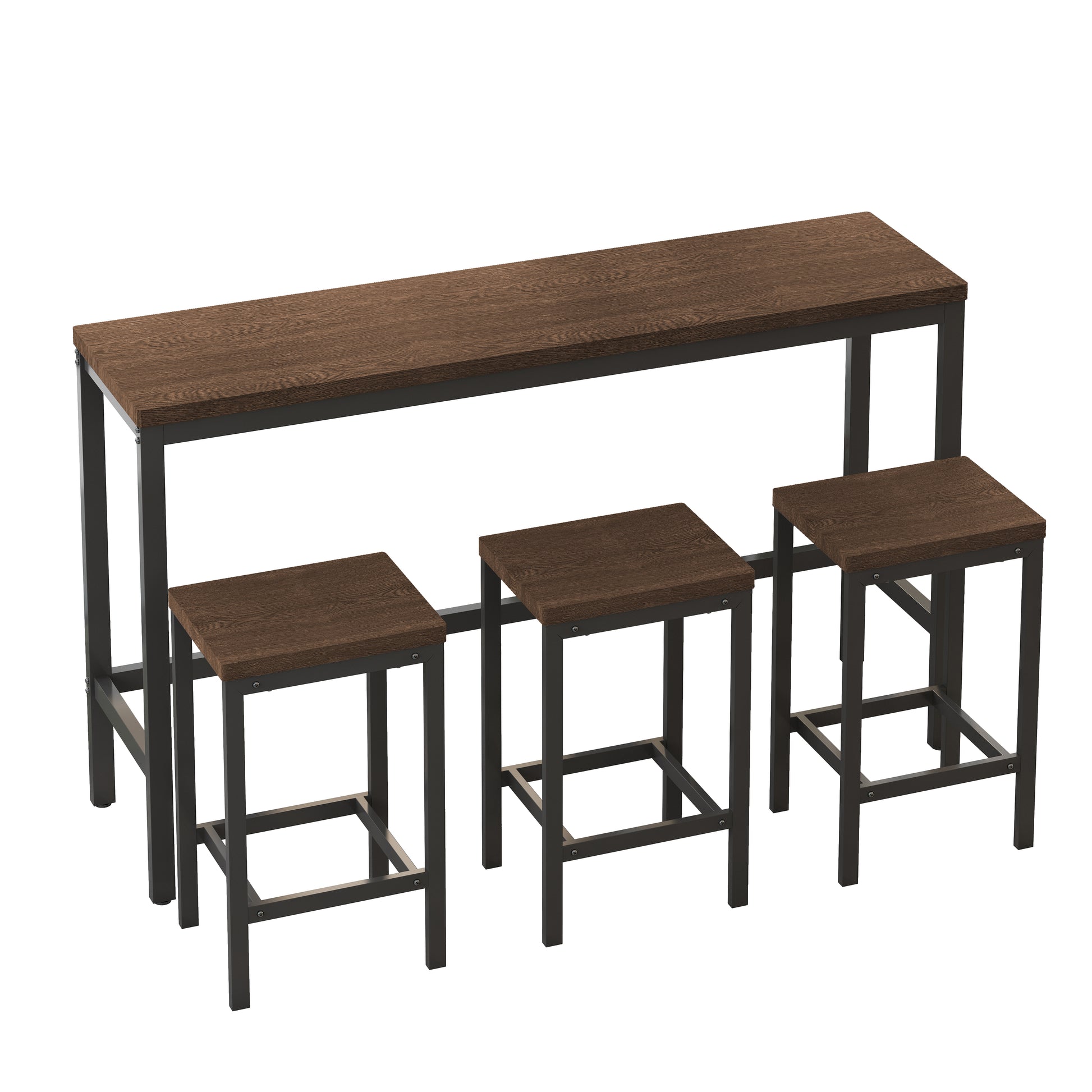 Dark wood pub table with black metal frame and three matching stools