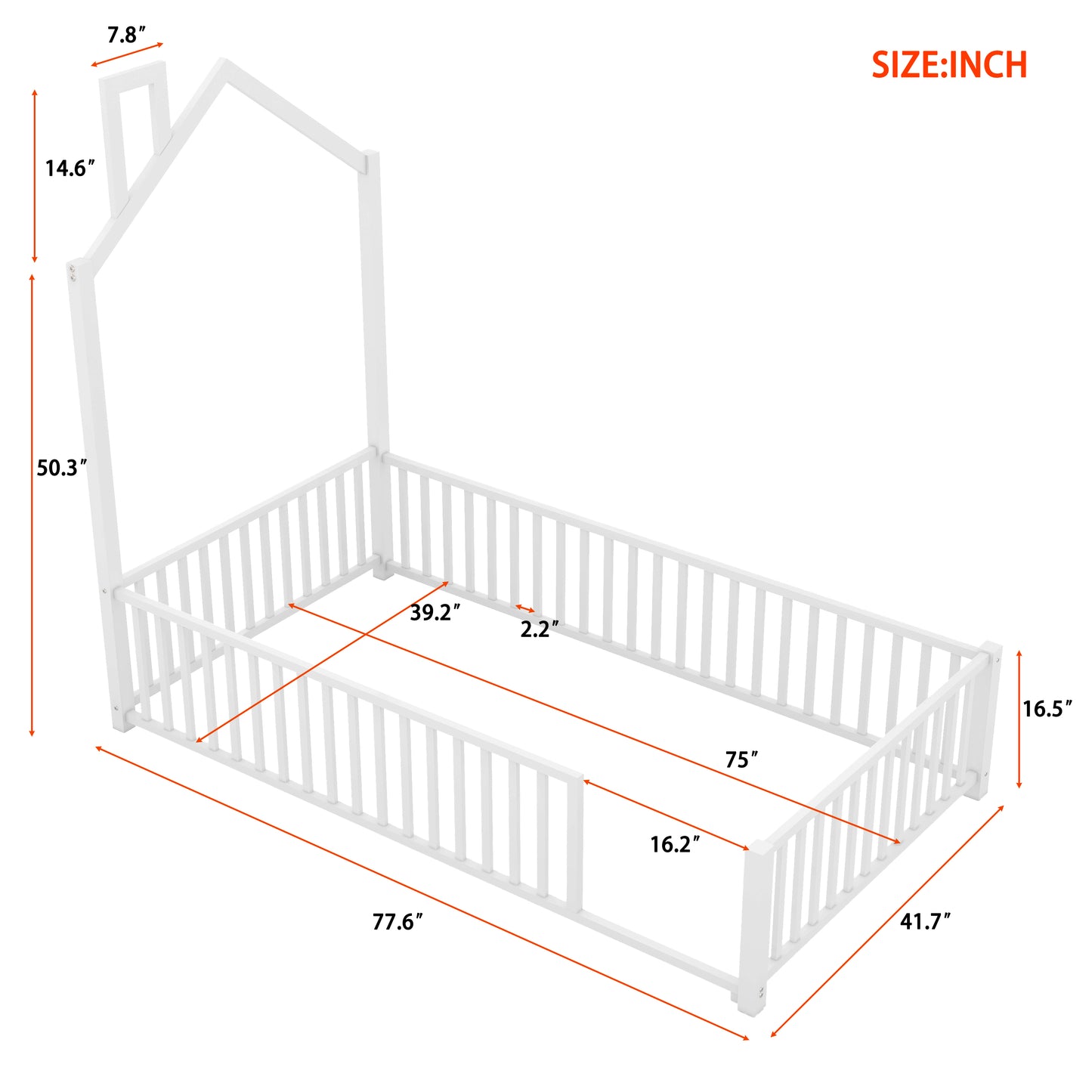 White wooden house bed frame with safety rails