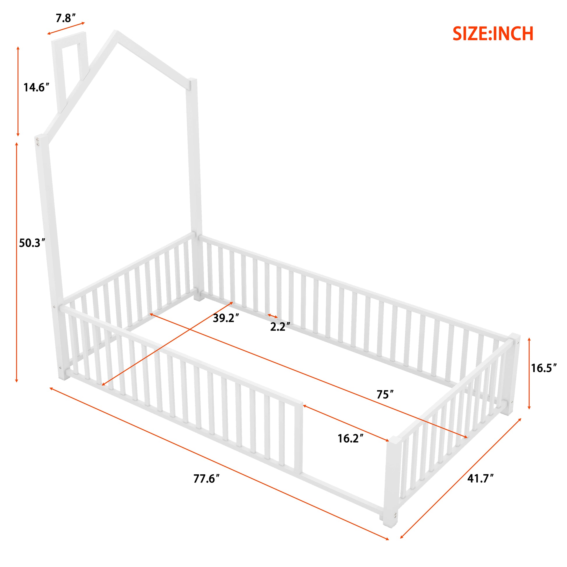 White wooden house bed frame with safety rails