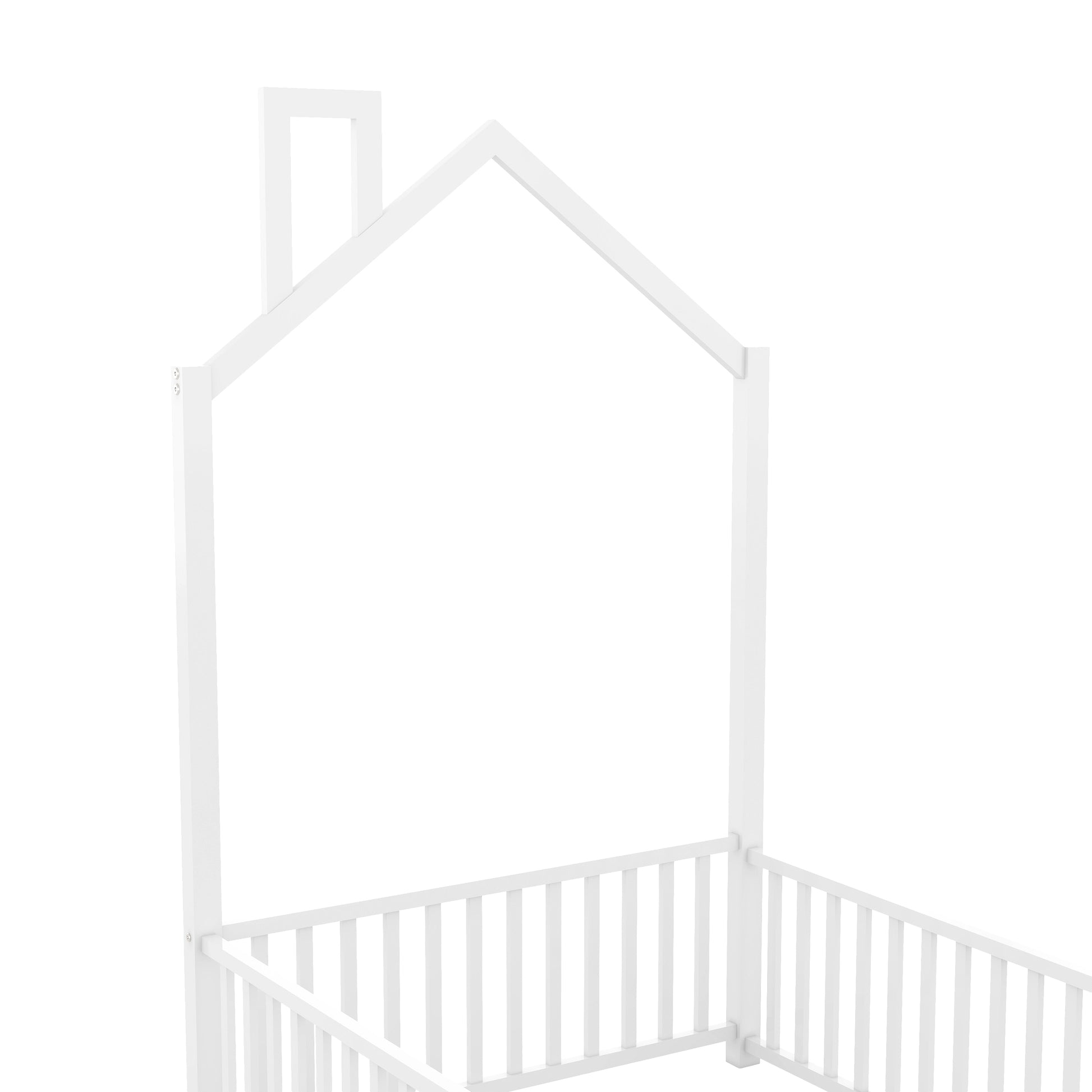 Closeup of white wooden house bed frame with slatted sides