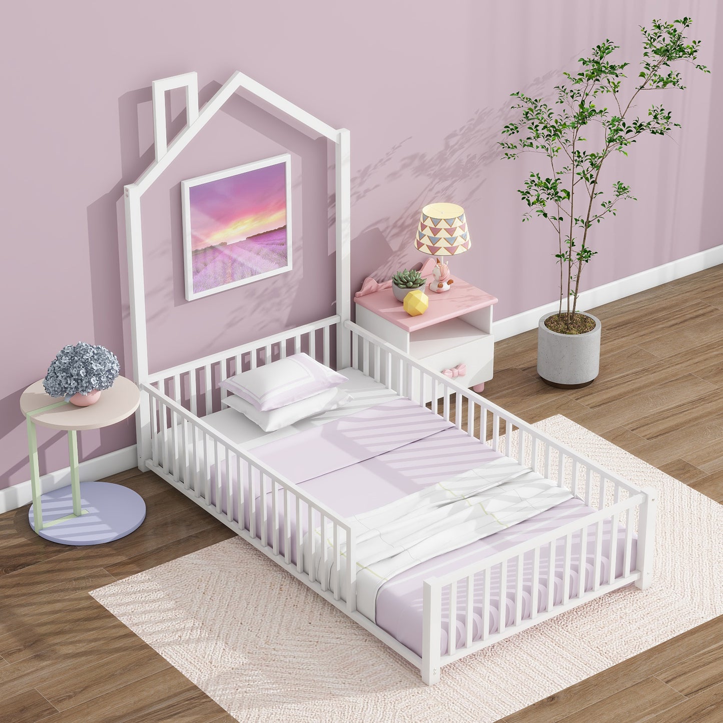 White wooden houseshaped toddler bed with lavender bedding and protective rails
