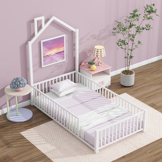 White wooden houseshaped toddler bed with lavender bedding and protective rails