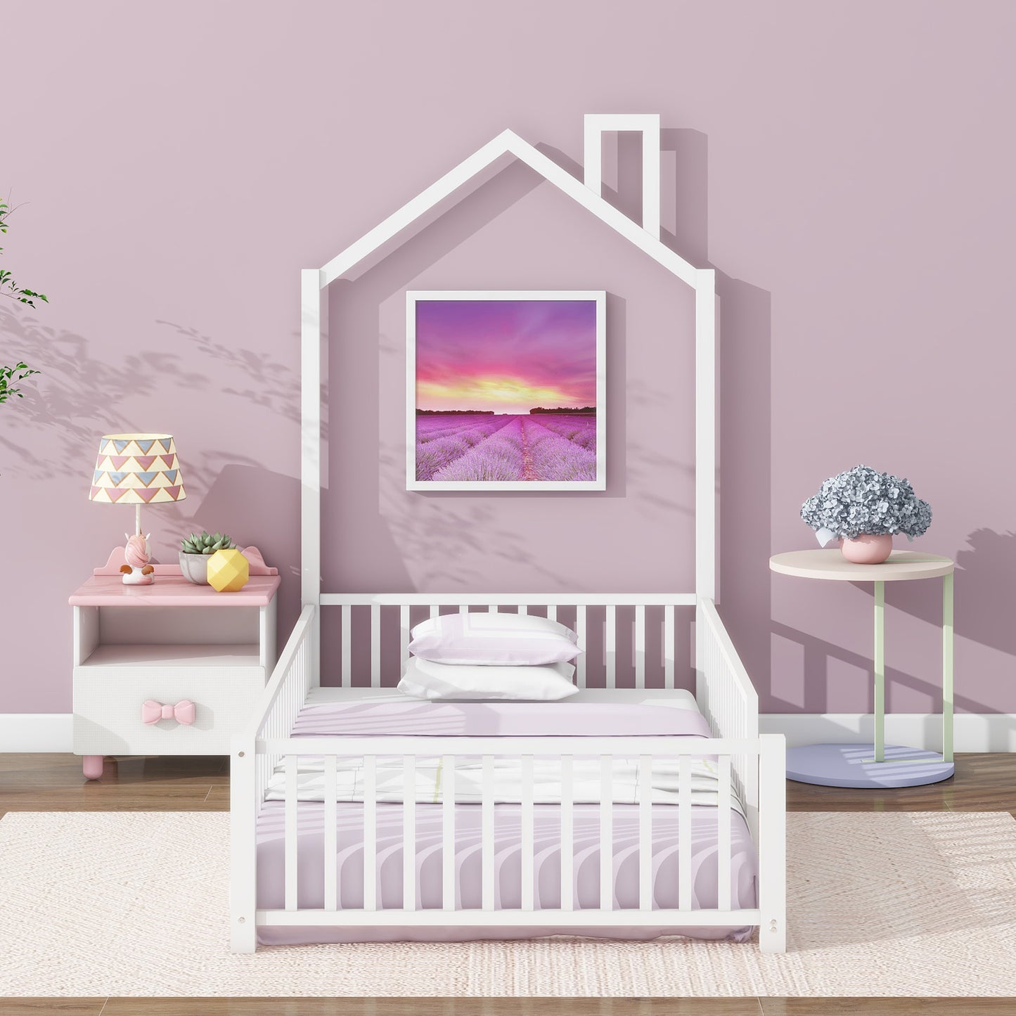 White wooden toddler bed frame with lavender bedding and pillows