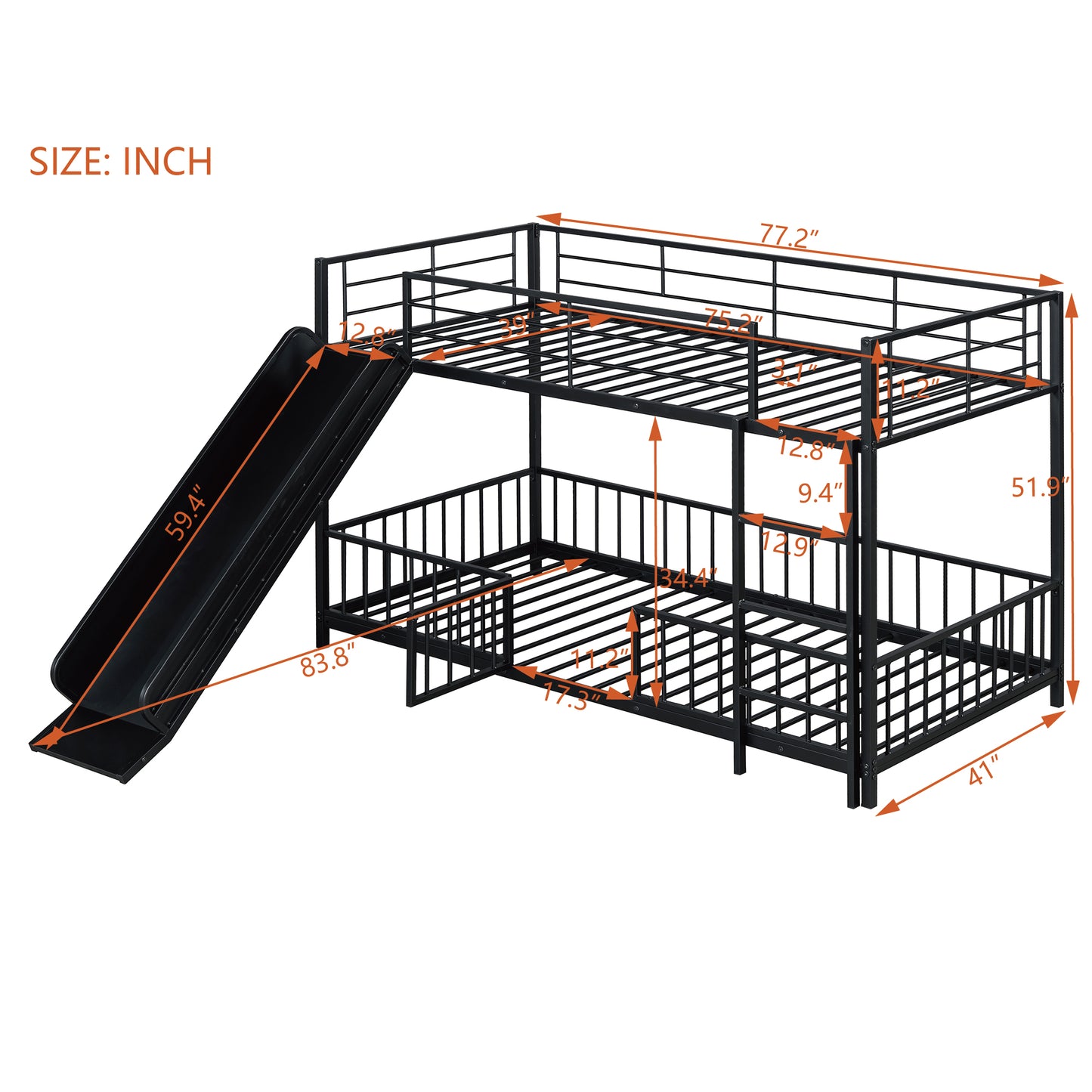 Black metal twin over twin bunk bed with slide and safety rails dimensions shown