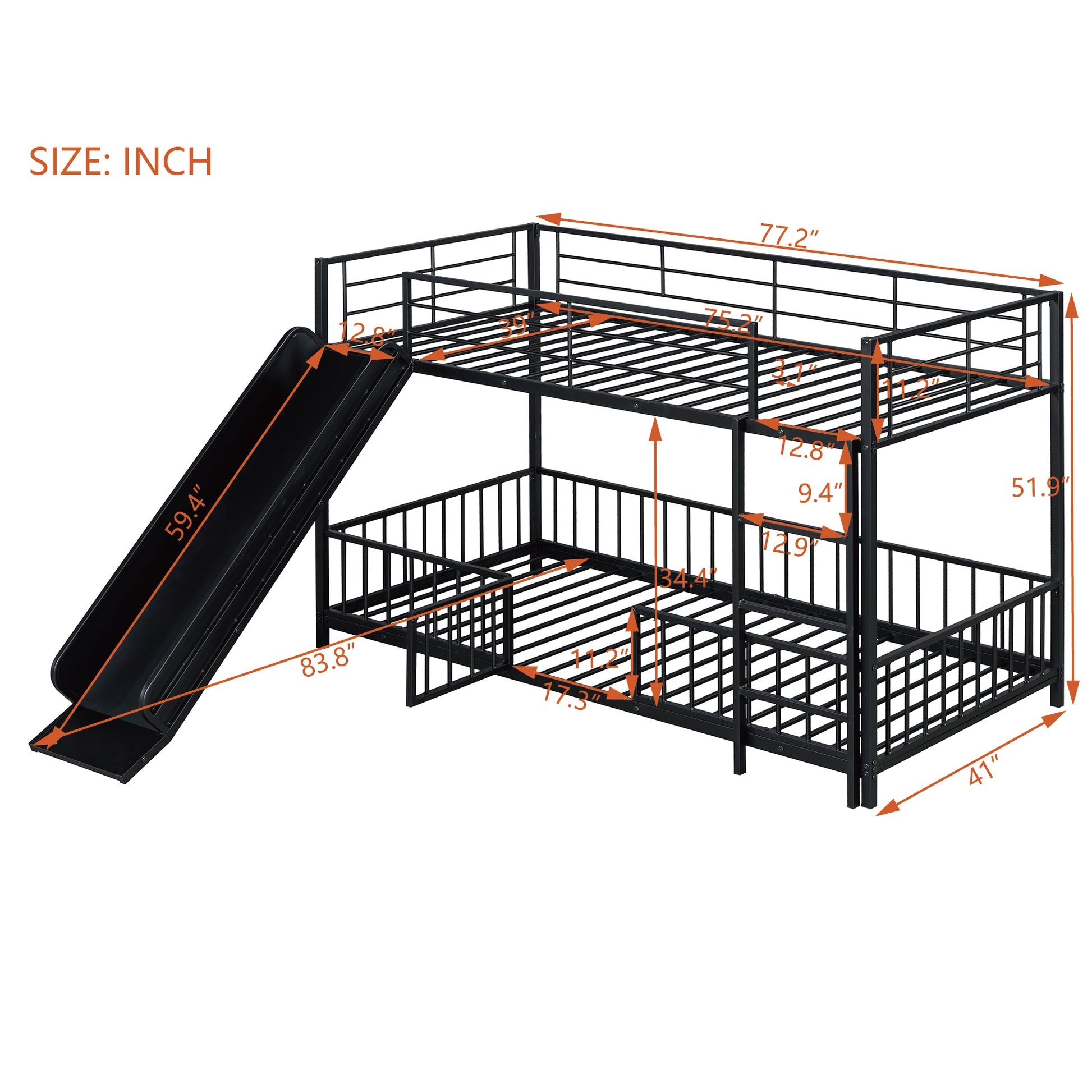 Black metal twin over twin bunk bed with slide and safety rails dimensions shown