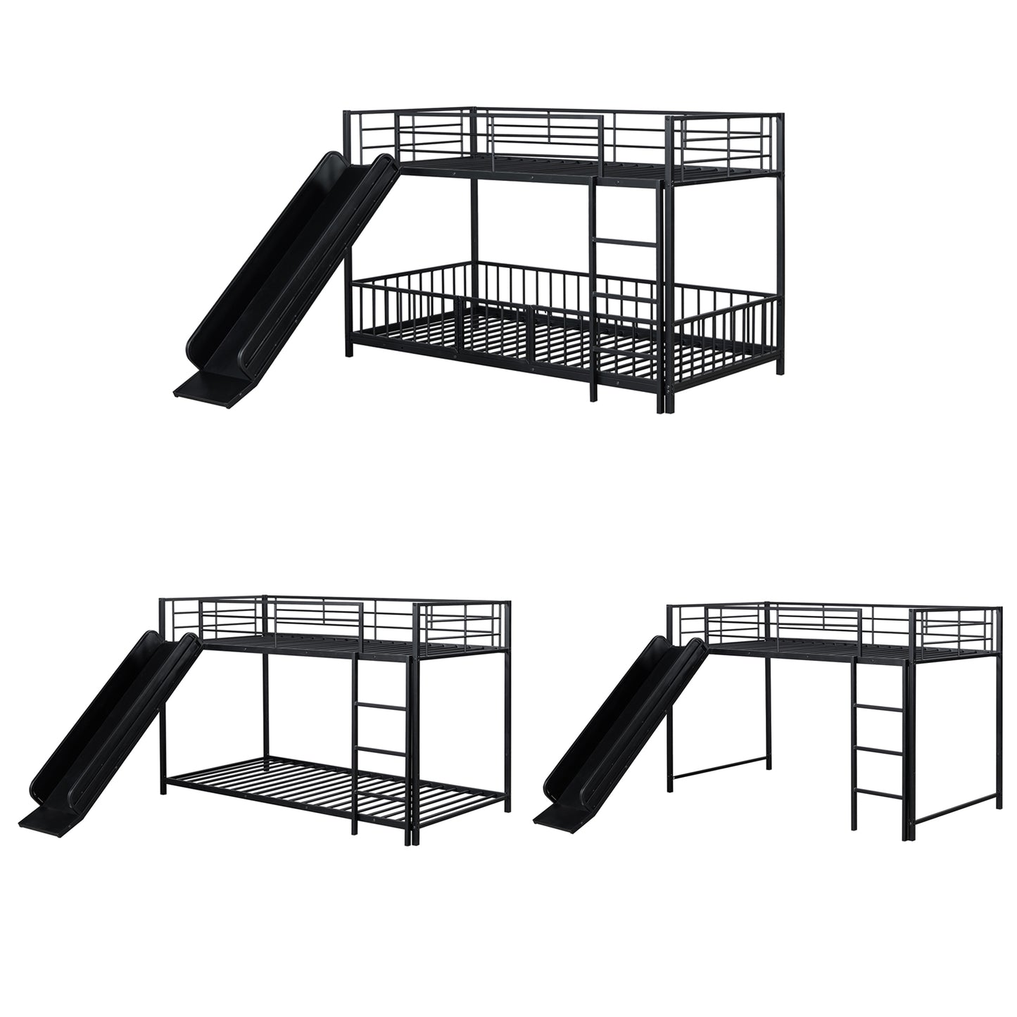Black metal bunk bed with slide for kids twin over twin