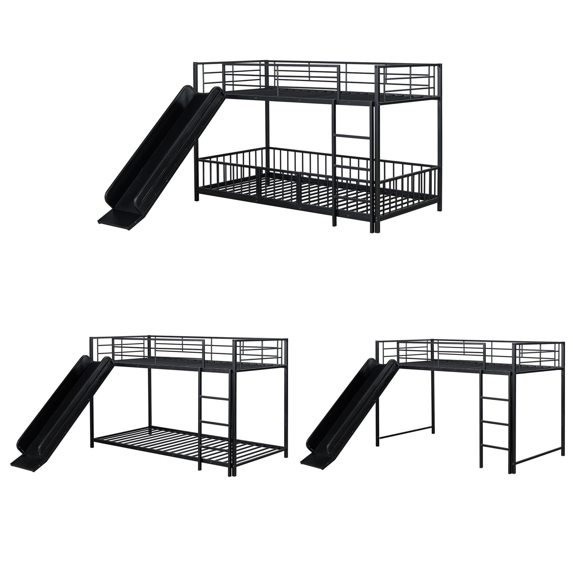 Black metal bunk bed with slide for kids twin over twin
