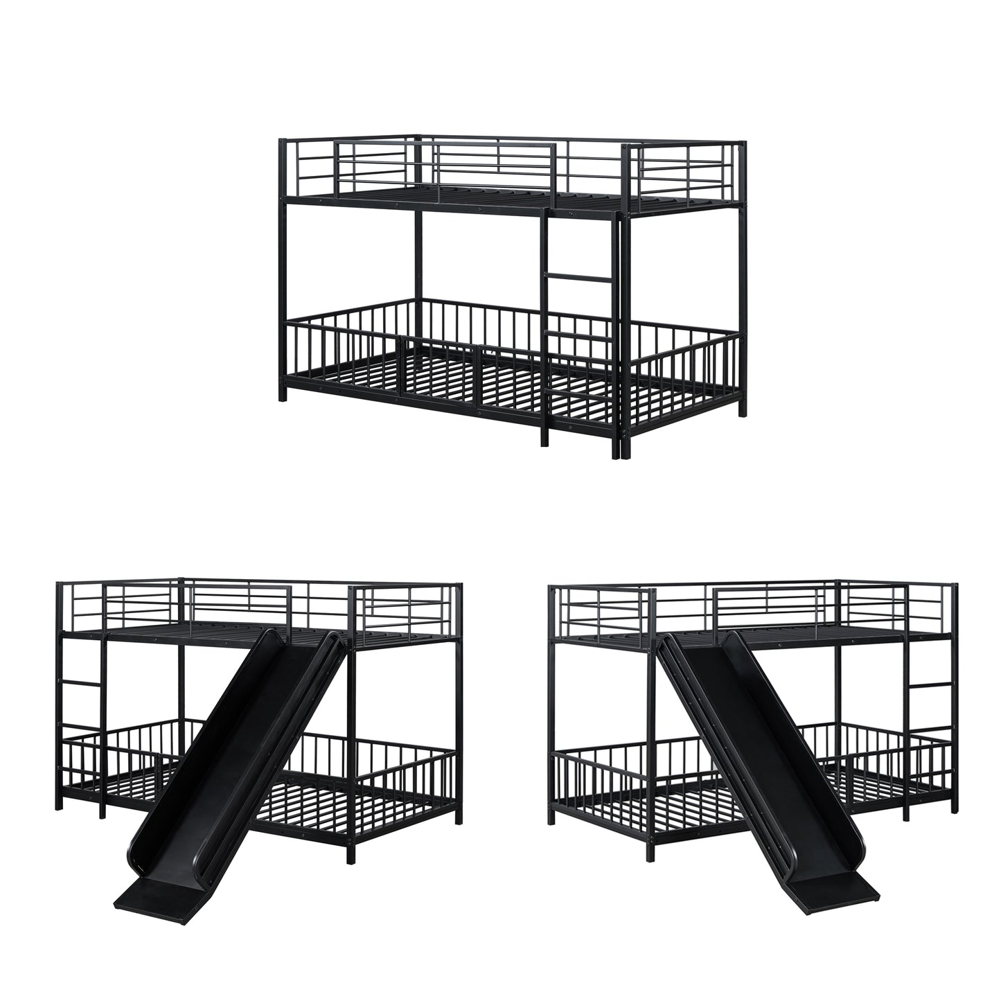 Black metal bunk bed with ladder