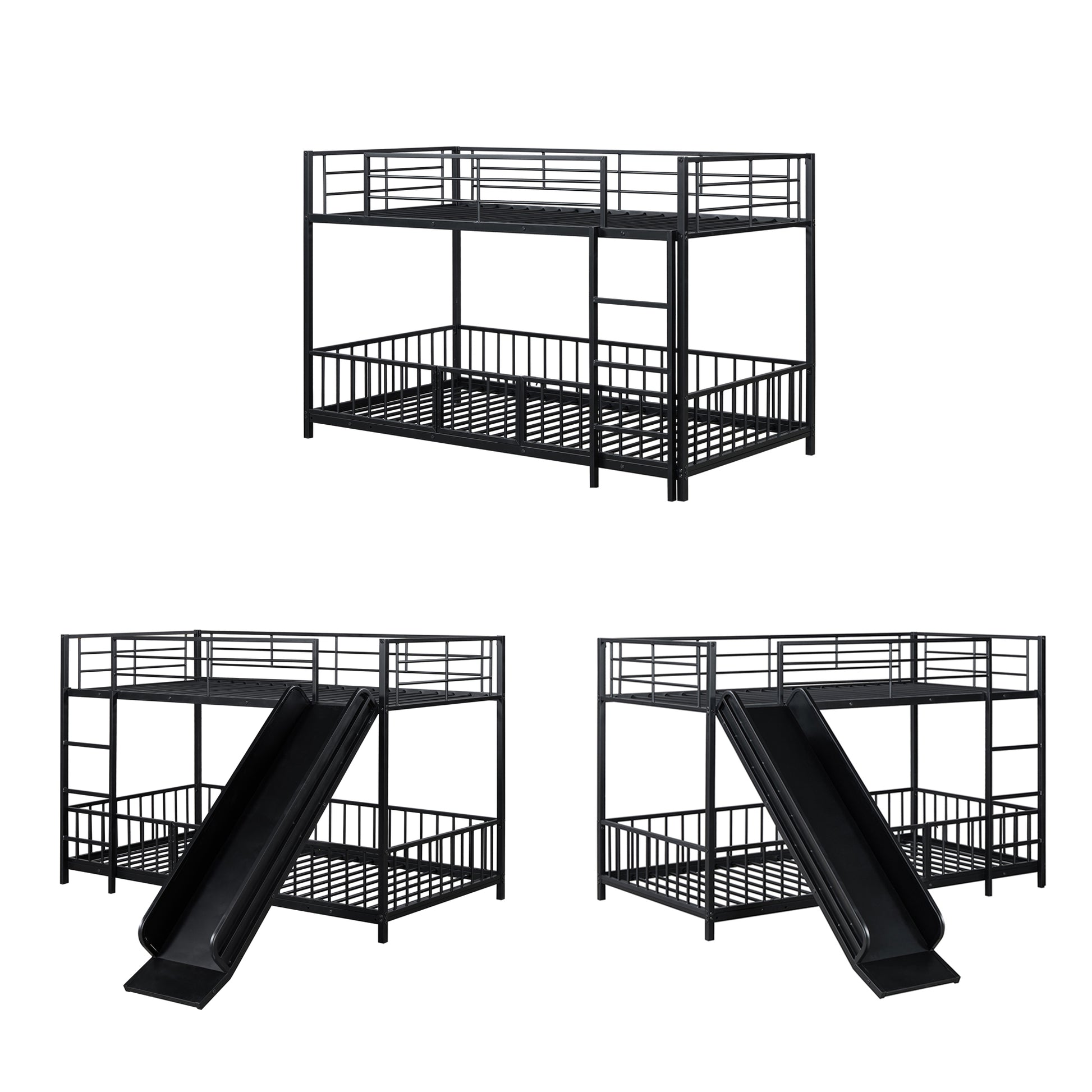 Black metal bunk bed with ladder