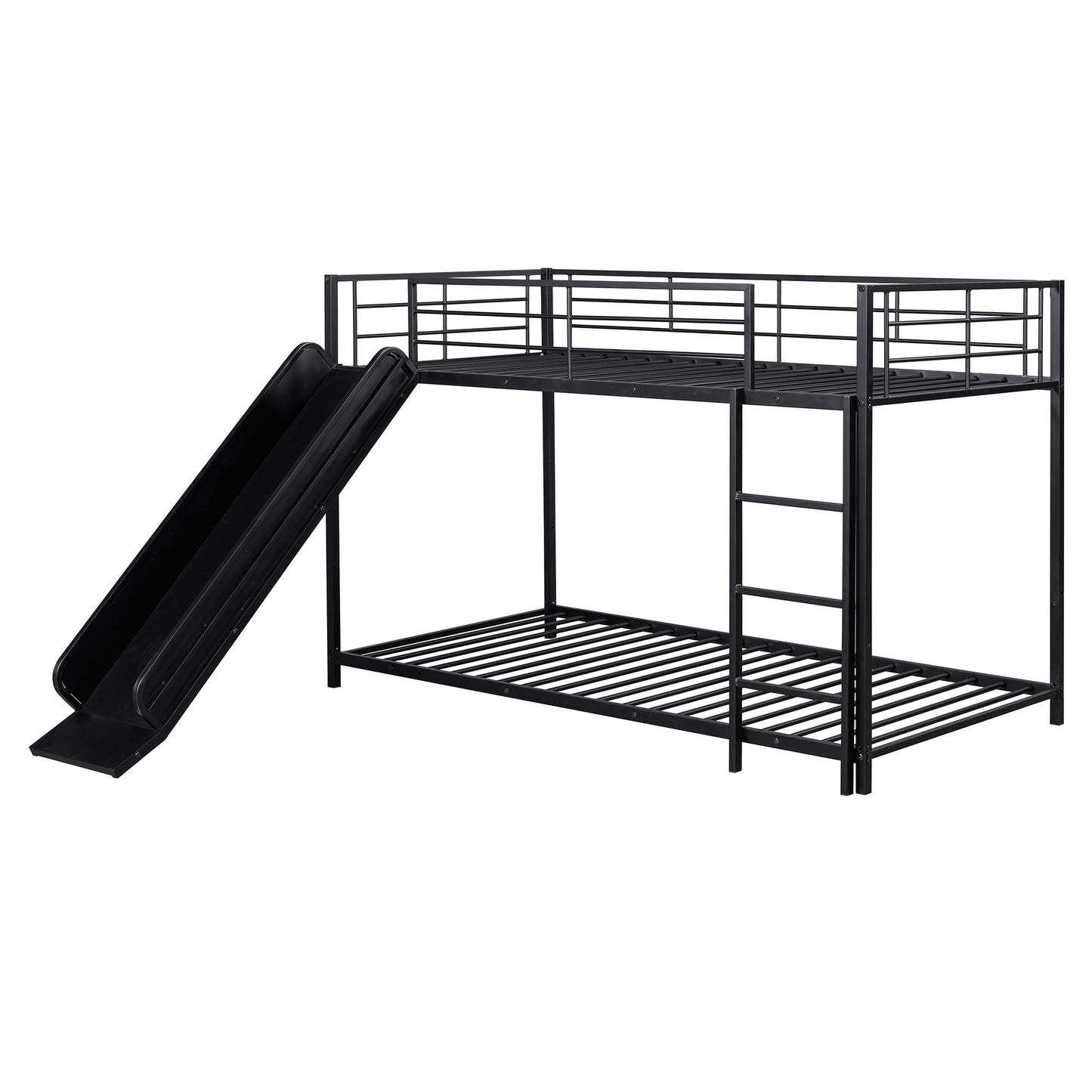Black metal twin over twin bunk bed with slide