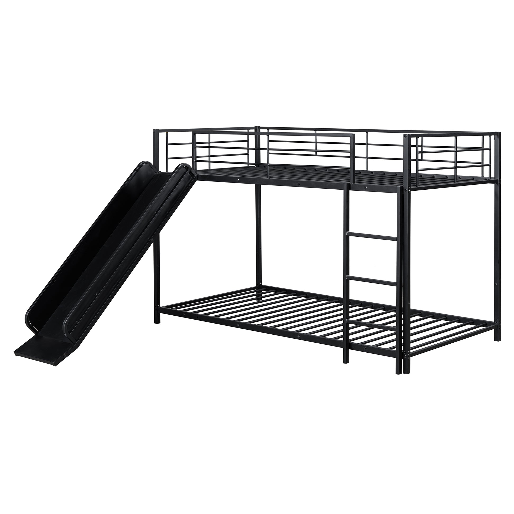 Black metal twin over twin bunk bed with slide