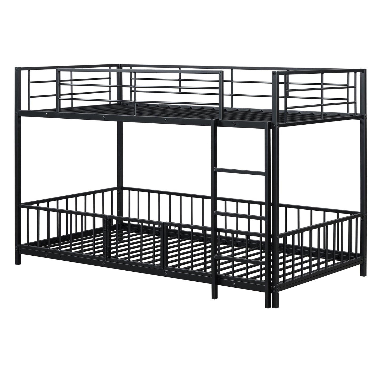 Black metal twin over twin bunk bed with safety rails