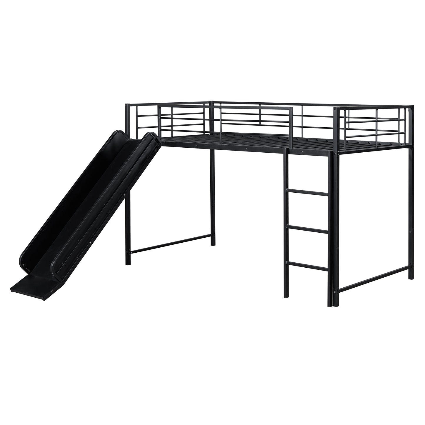 Black metal twin loft bed with ladder and slide