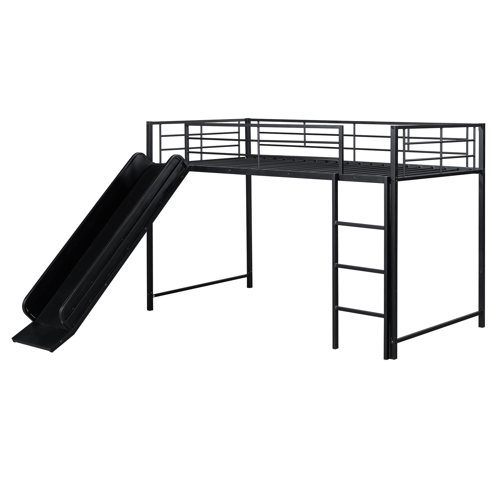 Black metal twin loft bed with ladder and slide