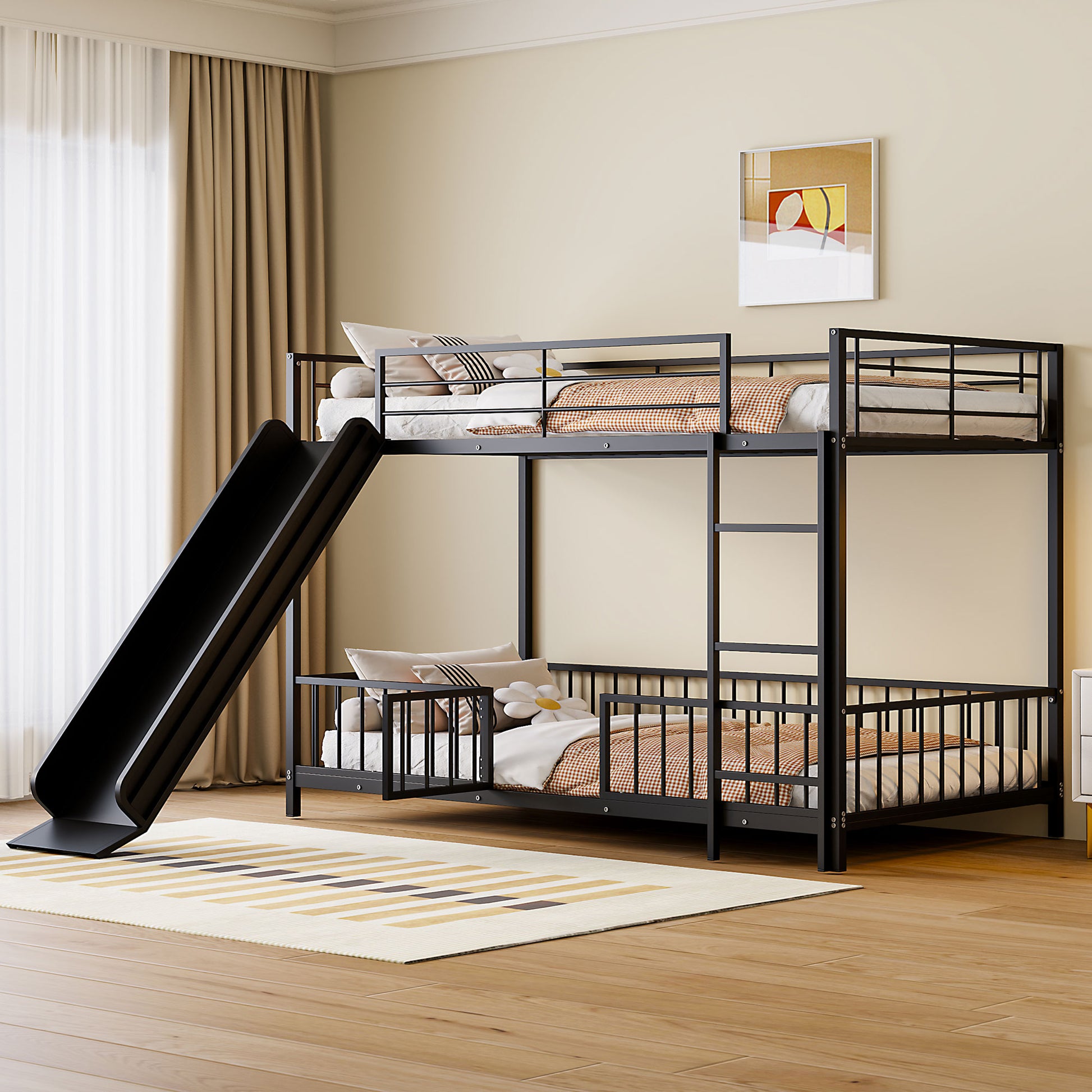 Black metal twin over twin bunk bed with slide for kids