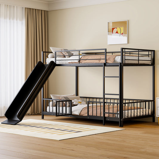Black metal twin over twin bunk bed with slide for kids