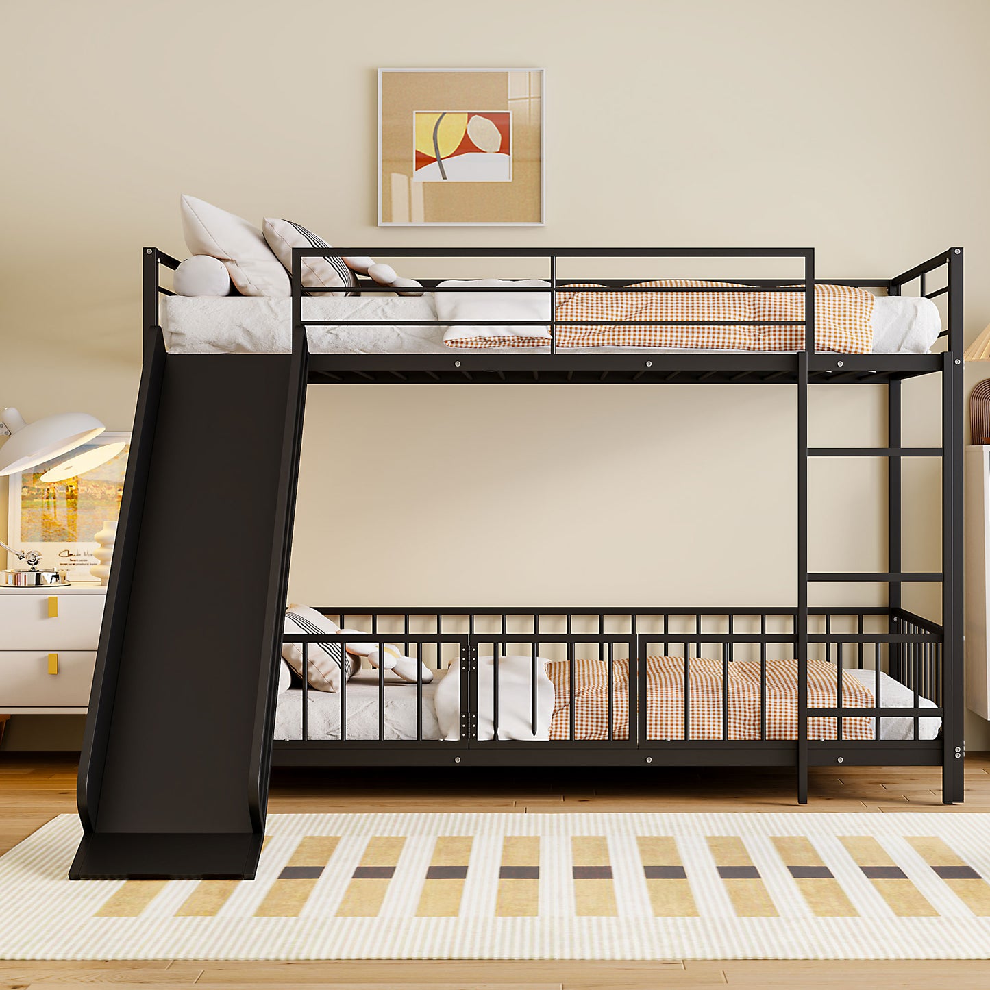 Black metal twin over twin bunk bed with slide