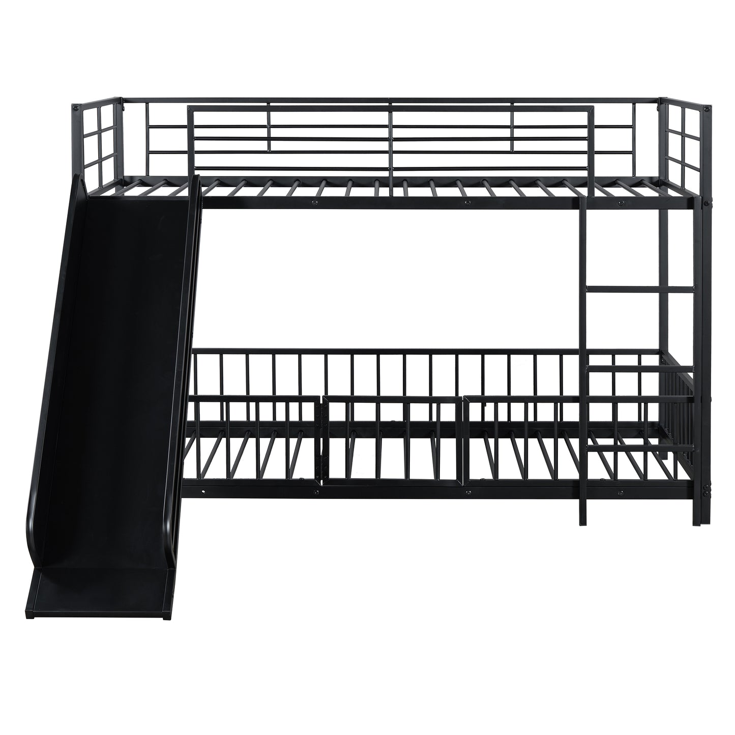 Black metal twin over twin bunk bed with slide and ladder for kids room
