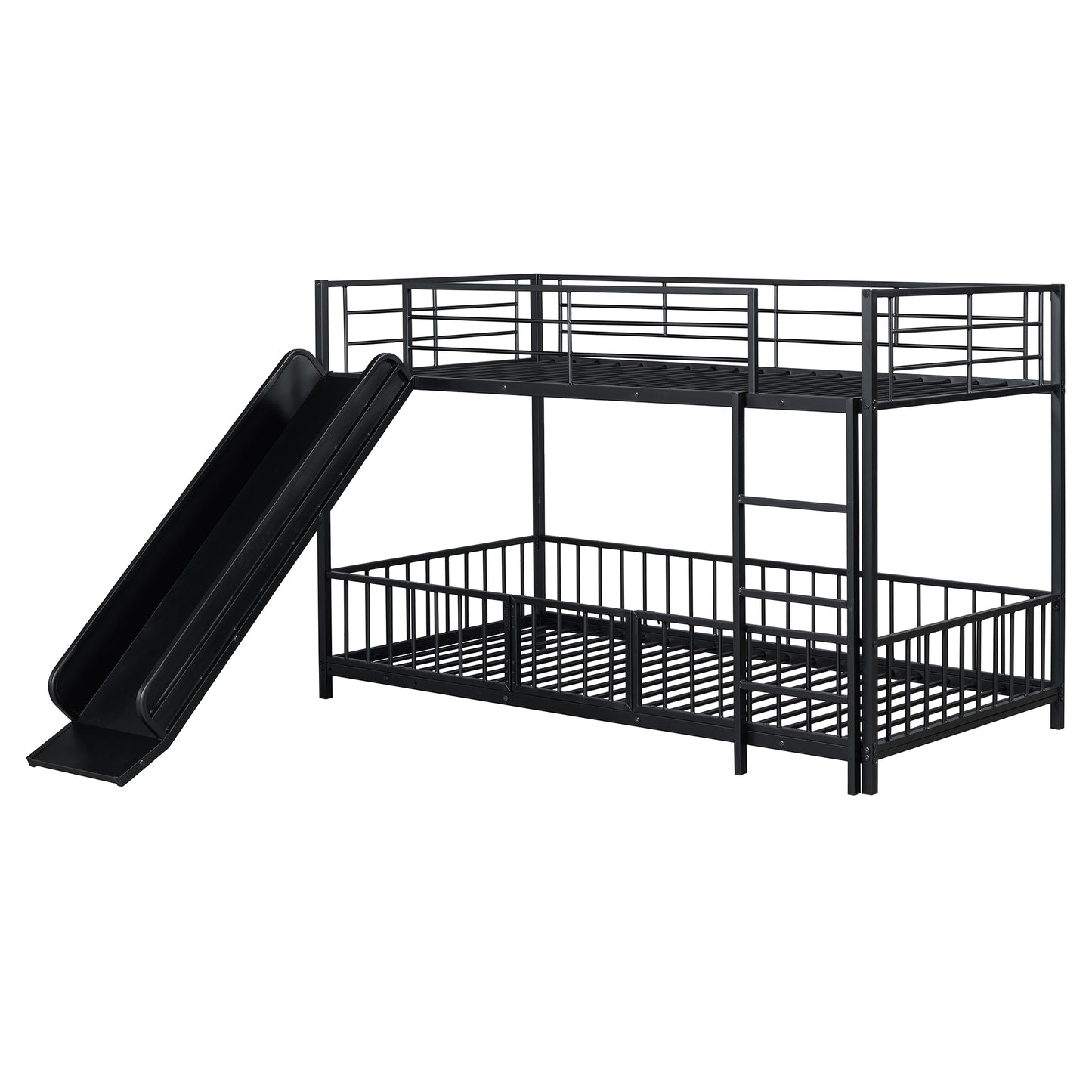 Black metal twin over twin bunk bed with slide and guardrails