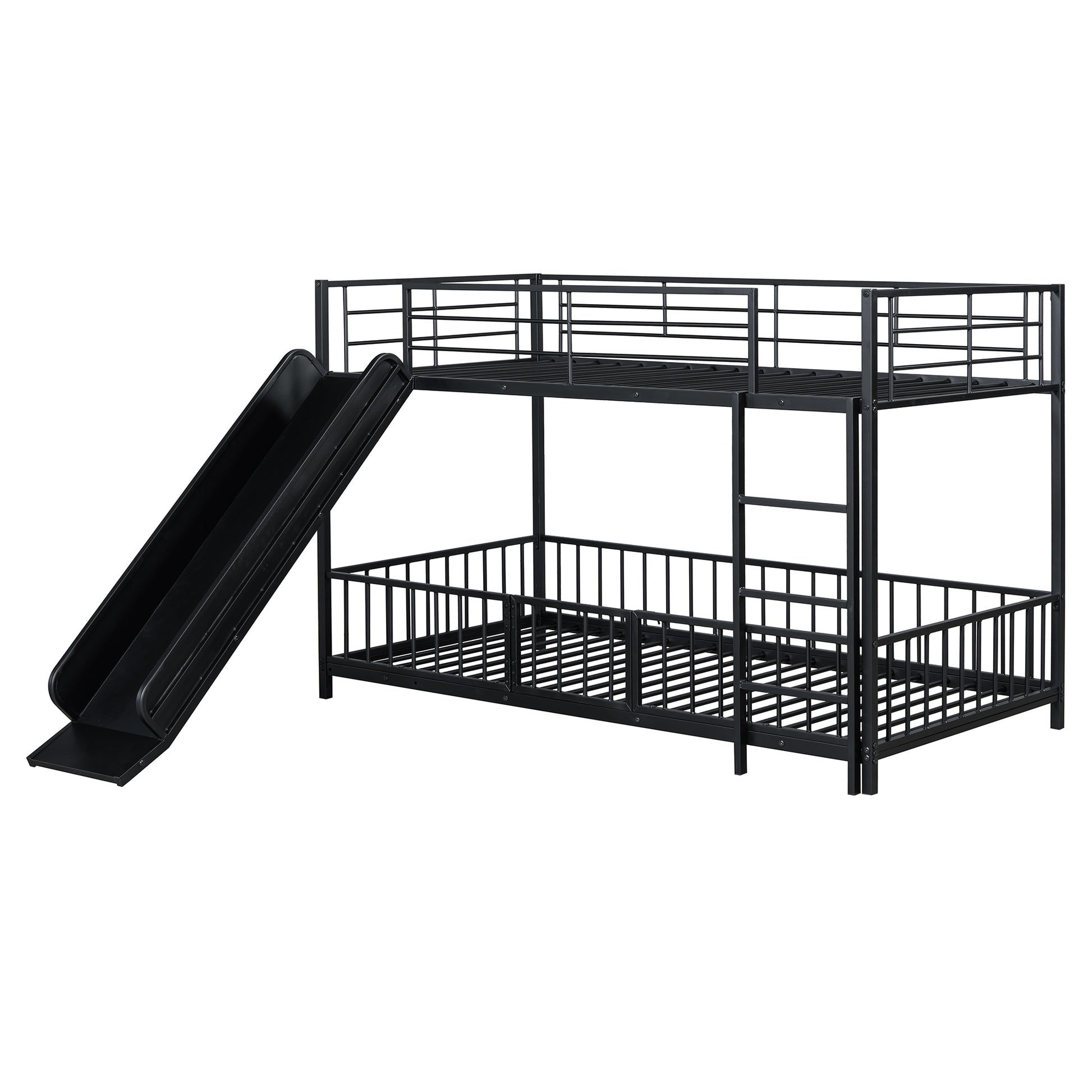 Black metal twin over twin bunk bed with slide and guardrails