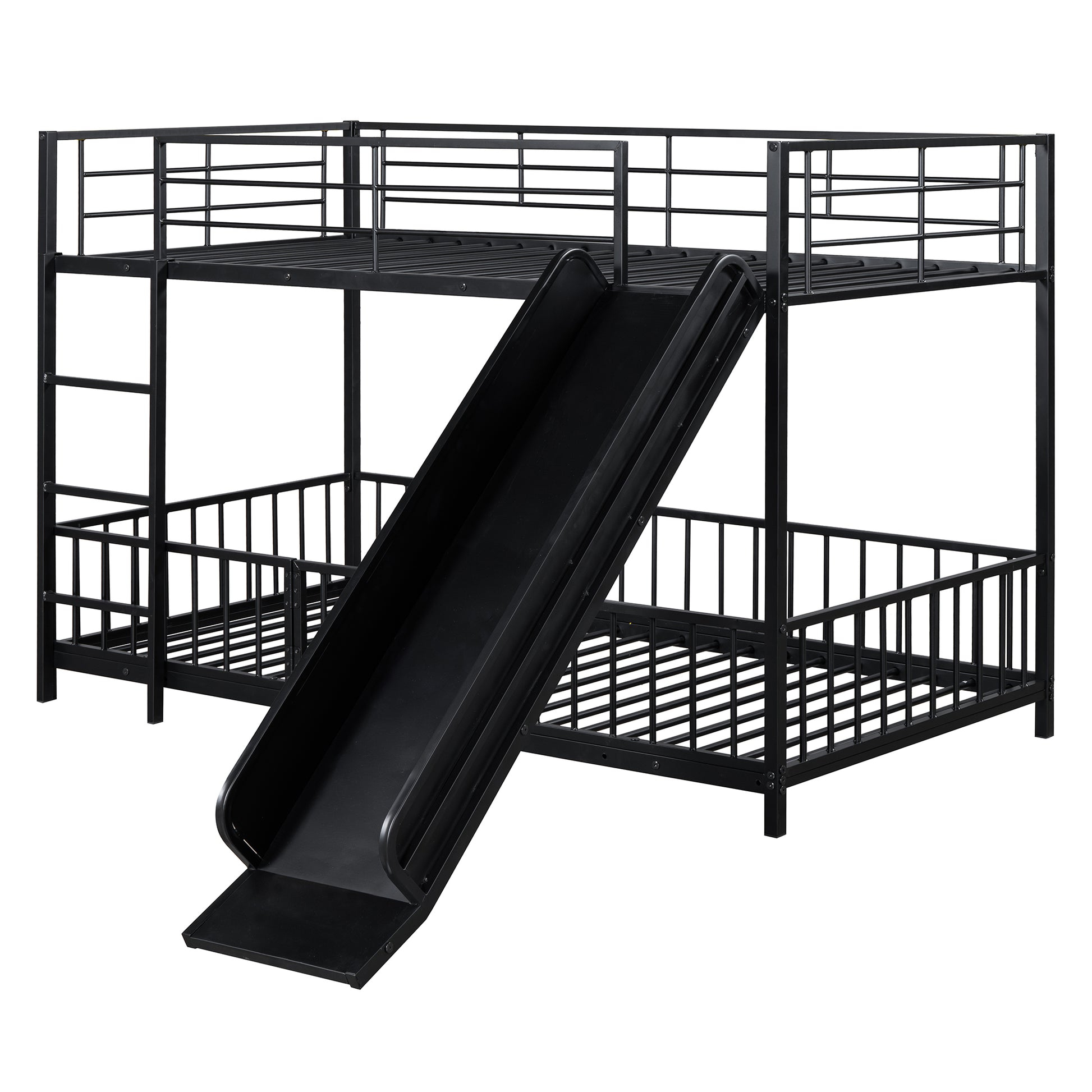 Black metal twin over twin bunk bed with slide for kids