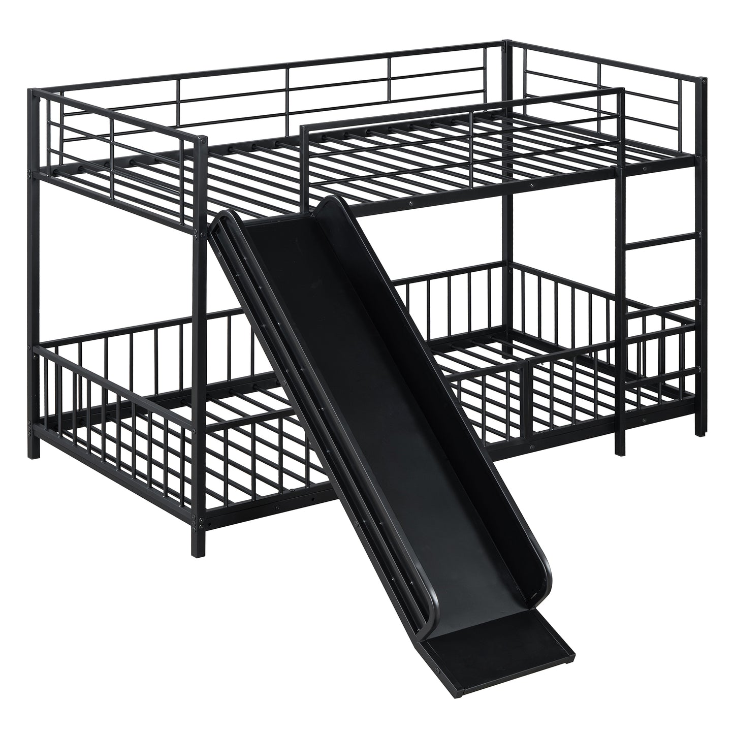 Black metal twin over twin bunk bed with slide