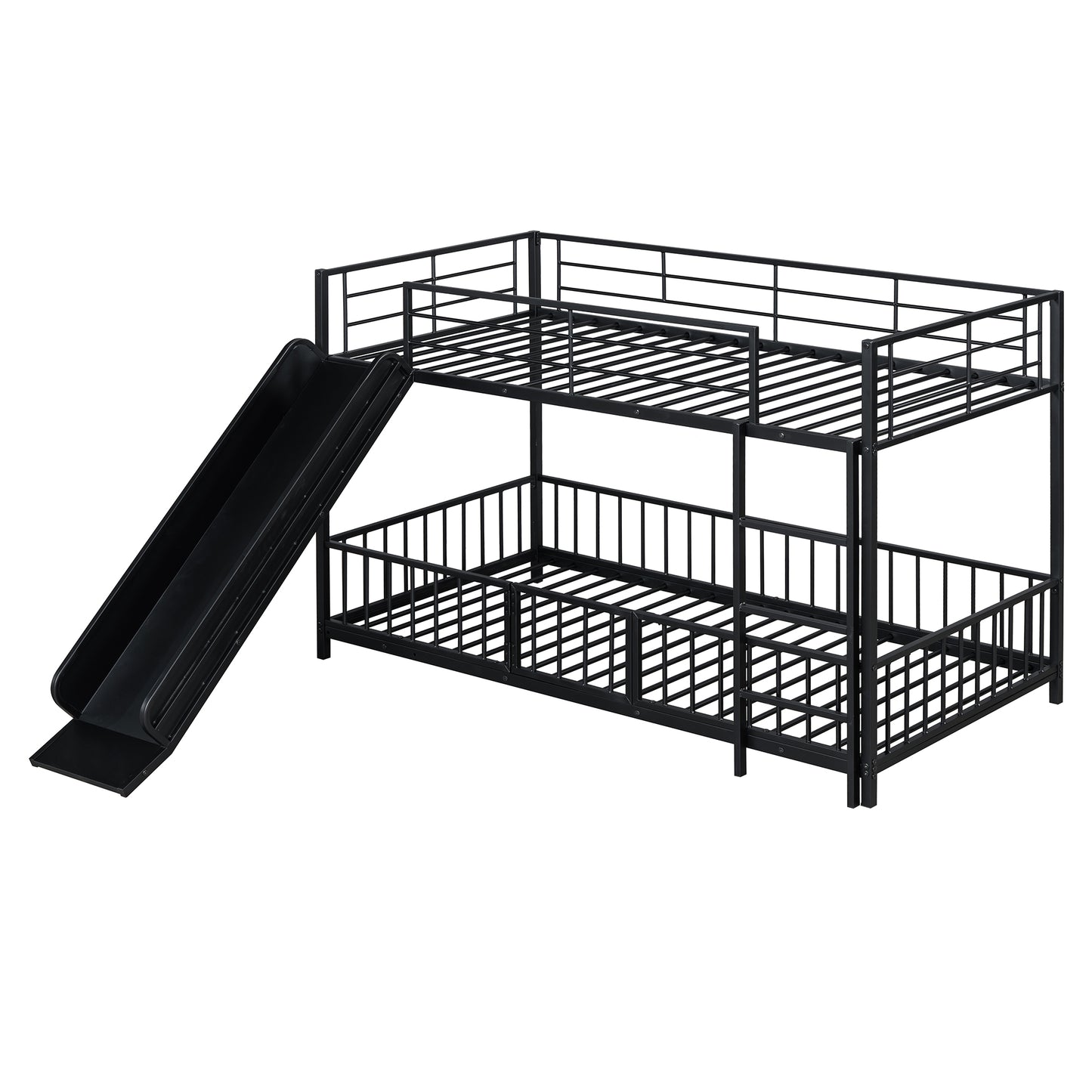 Black metal twin over twin bunk bed with slide