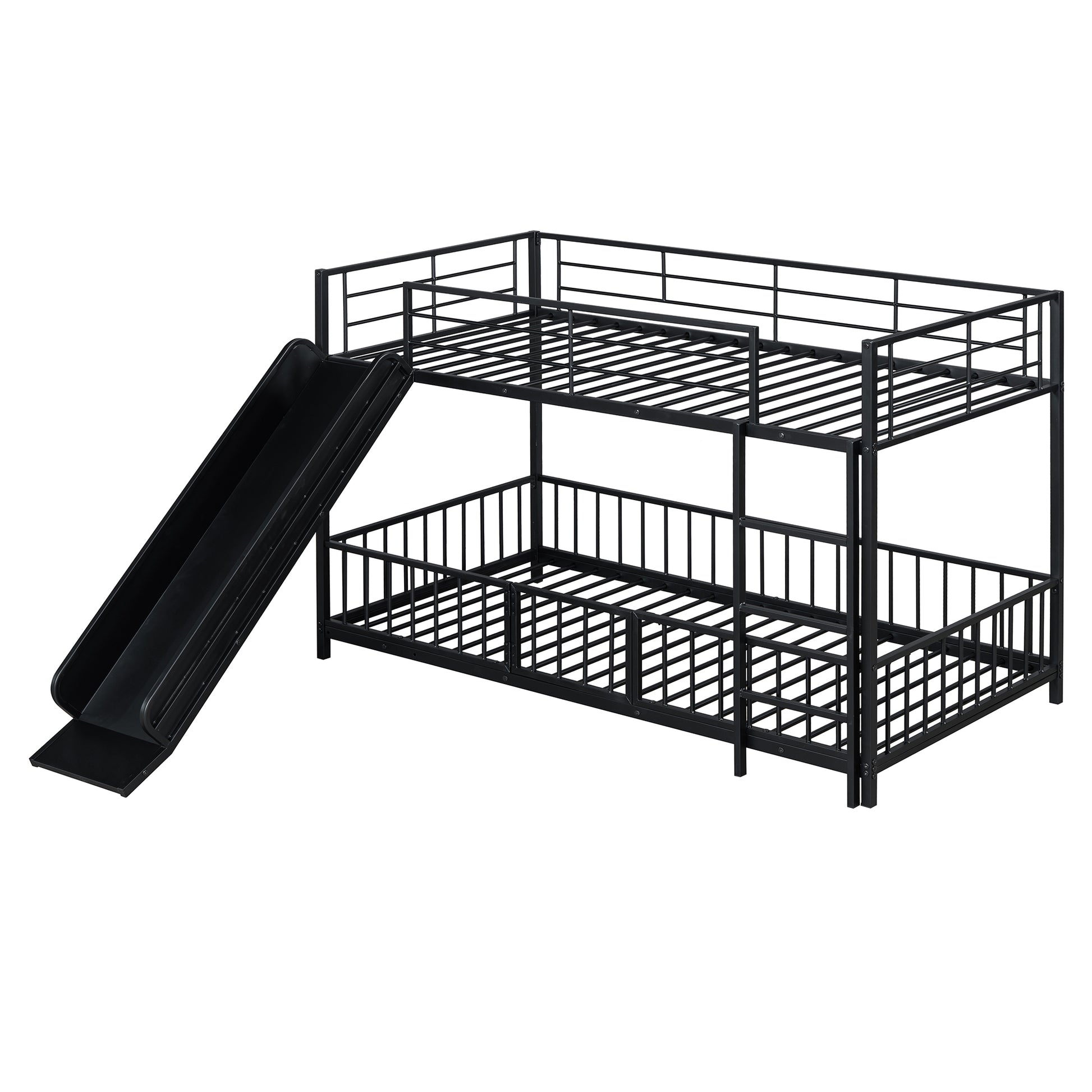 Black metal twin over twin bunk bed with slide