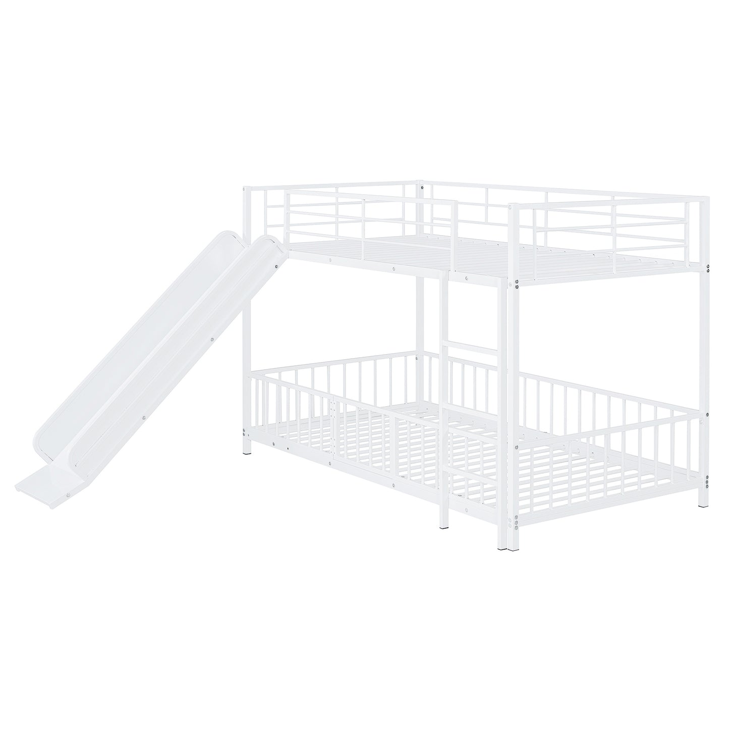 White metal twin over twin bunk bed with slide