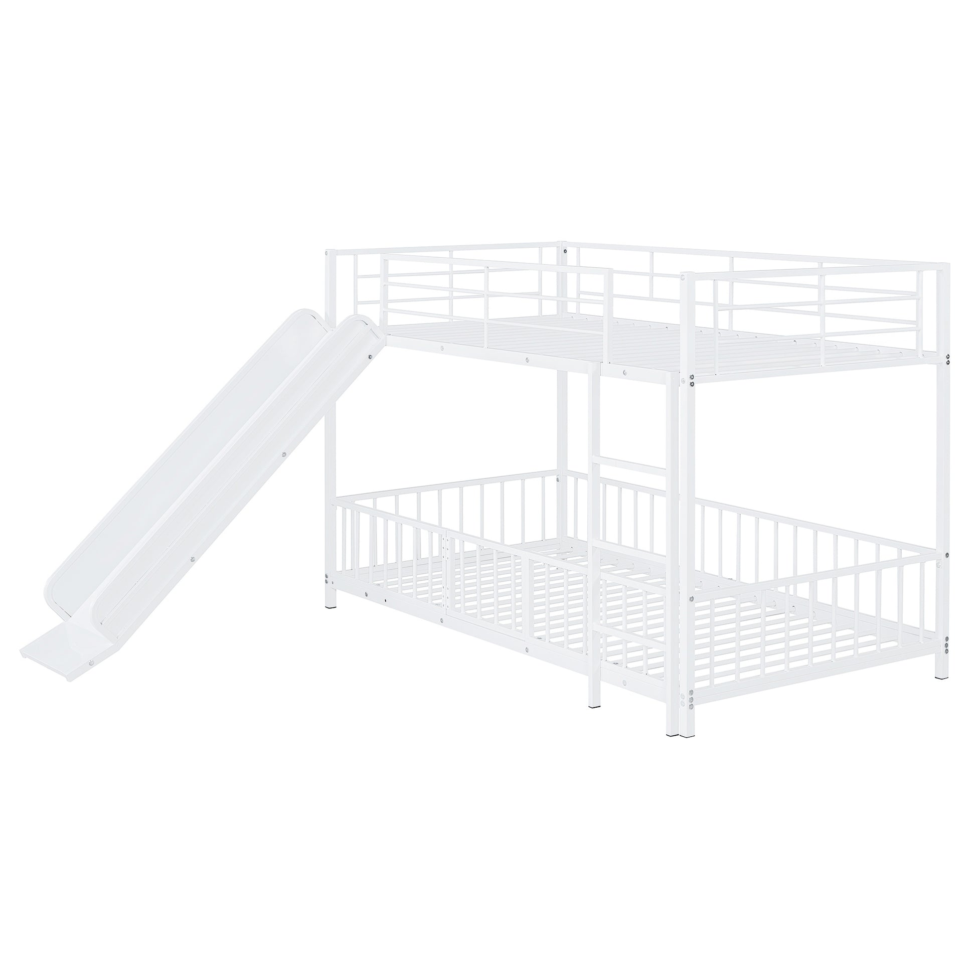 White metal twin over twin bunk bed with slide