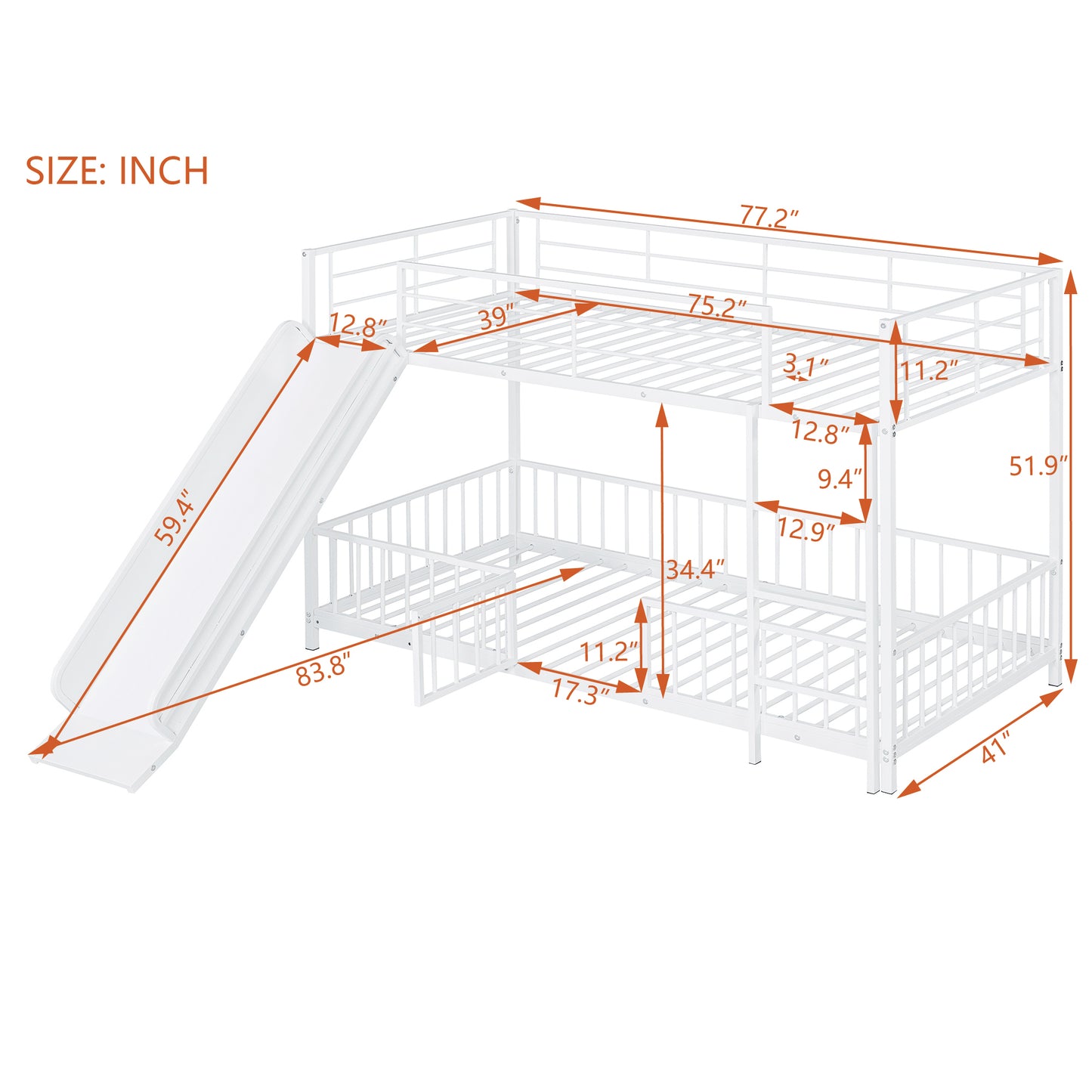 White metal bunk bed with slide and dimensions labeled