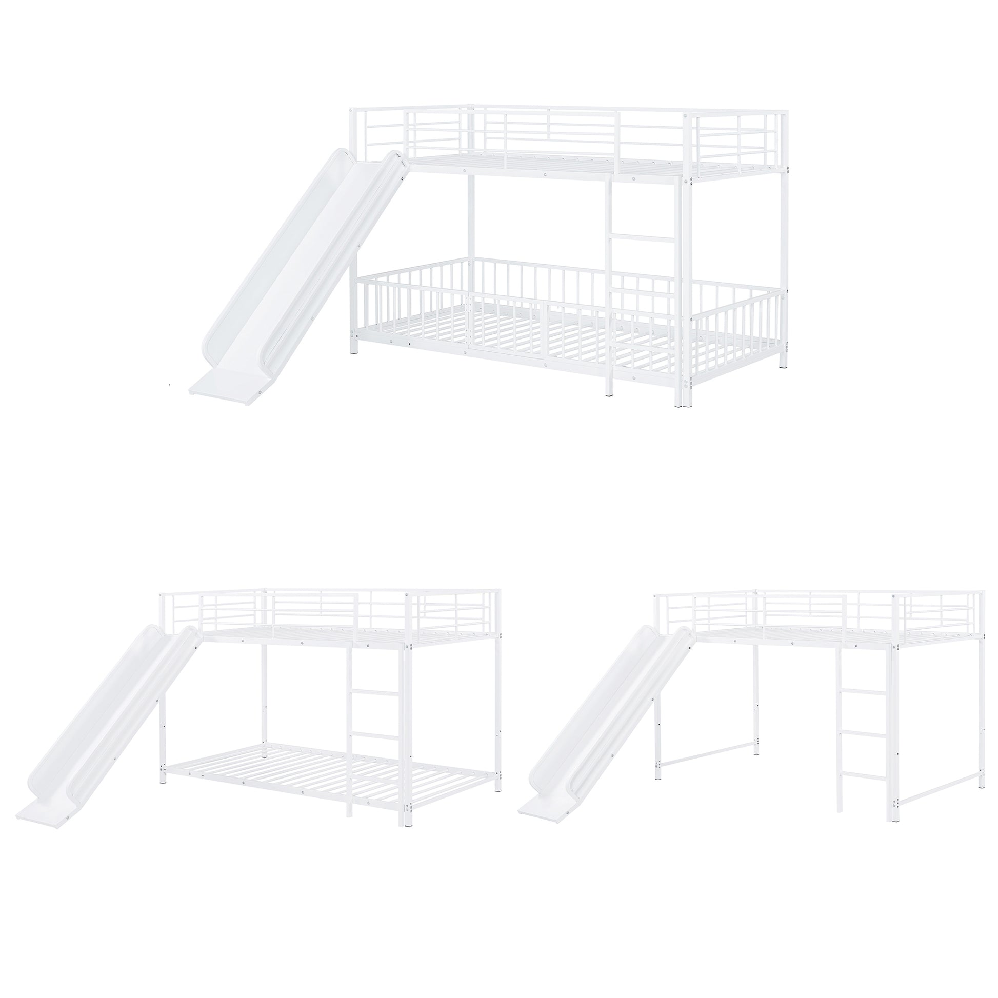 White metal twin over twin bunk bed with a slide