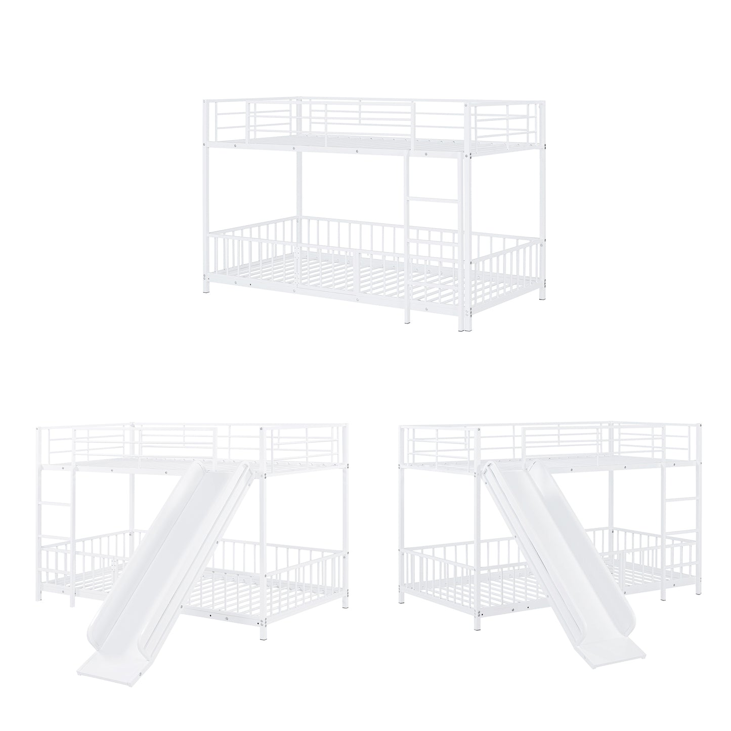 White metal twin over twin bunk bed with safety rails