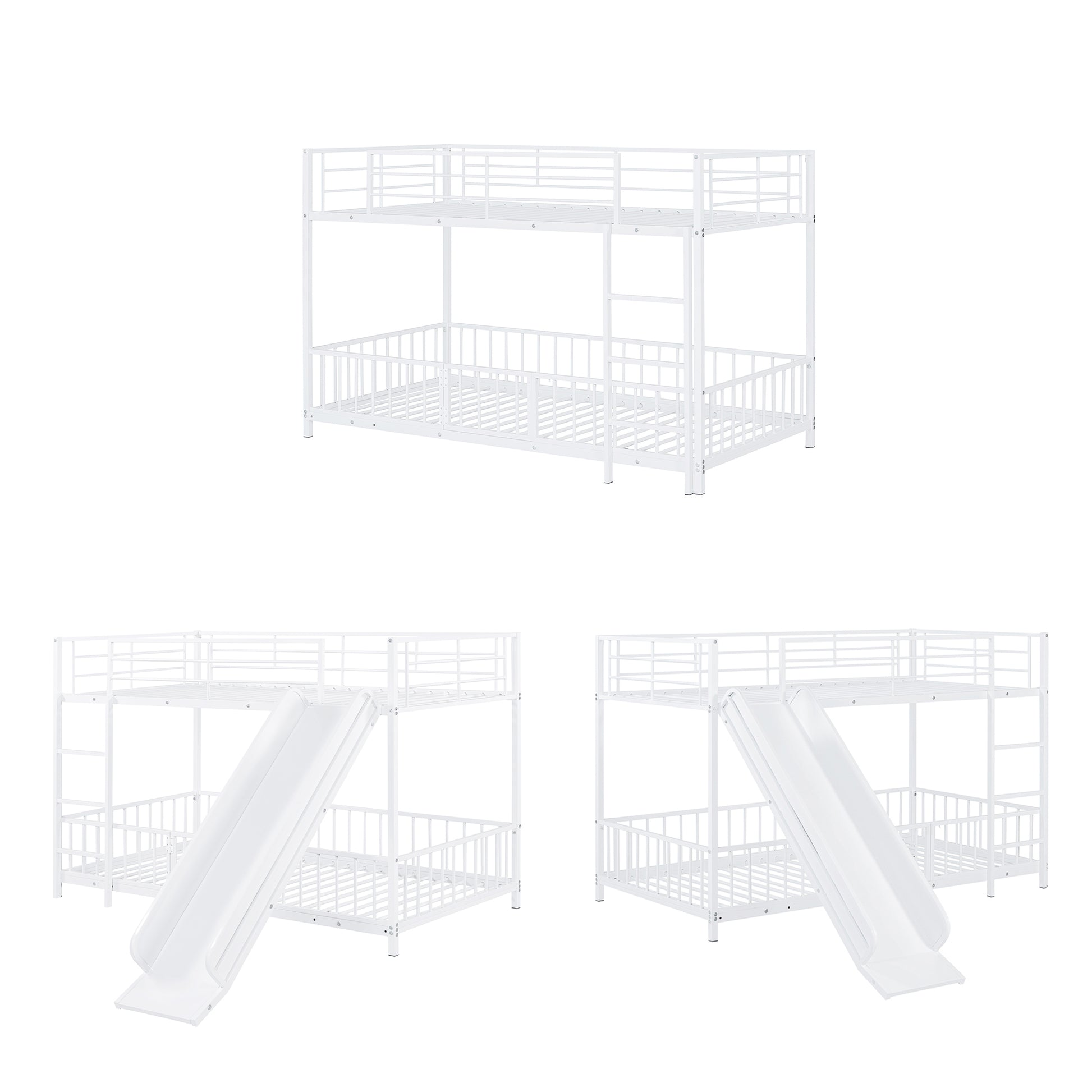 White metal twin over twin bunk bed with safety rails