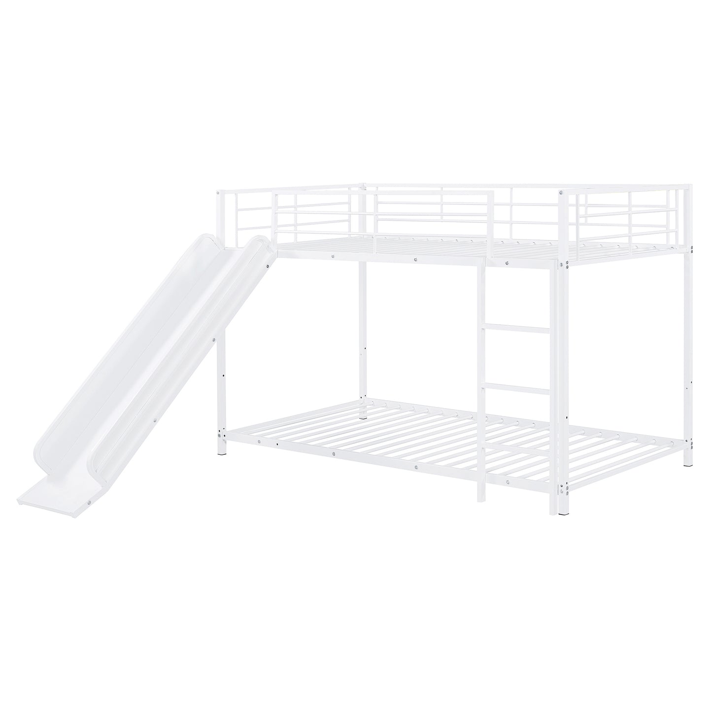 White metal twin over twin bunk bed with slide