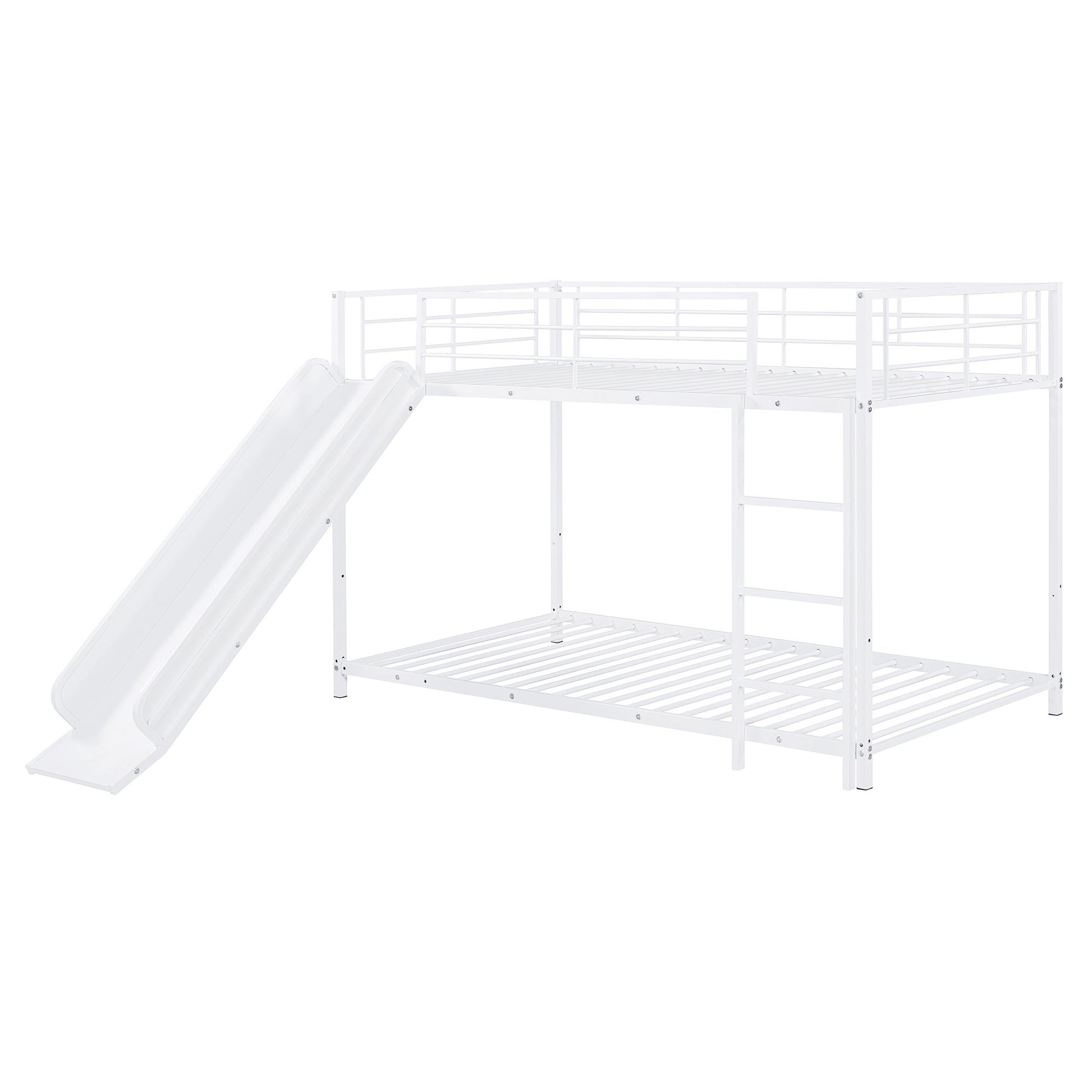 White metal twin over twin bunk bed with slide