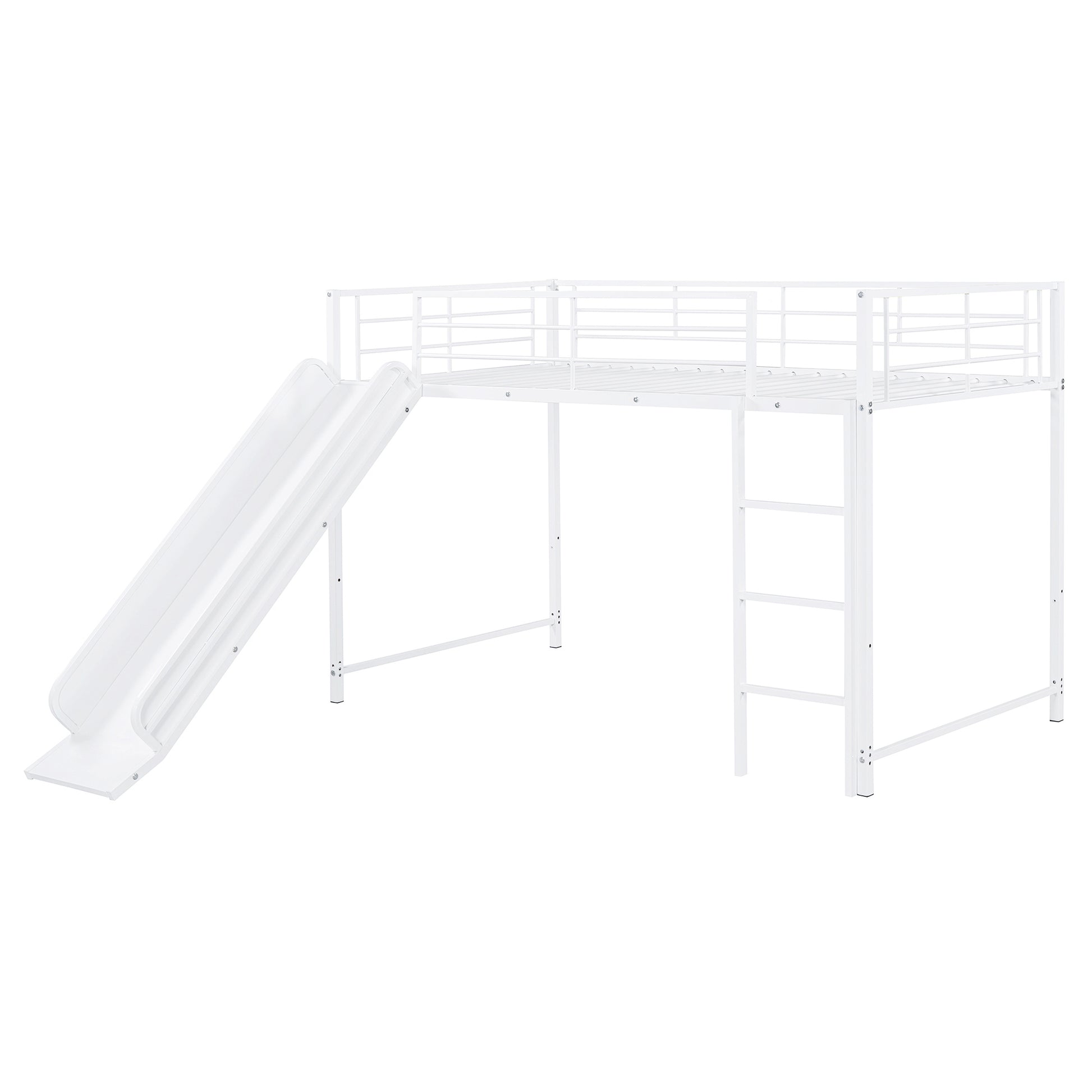 White metal loft bed with slide and ladder for kids