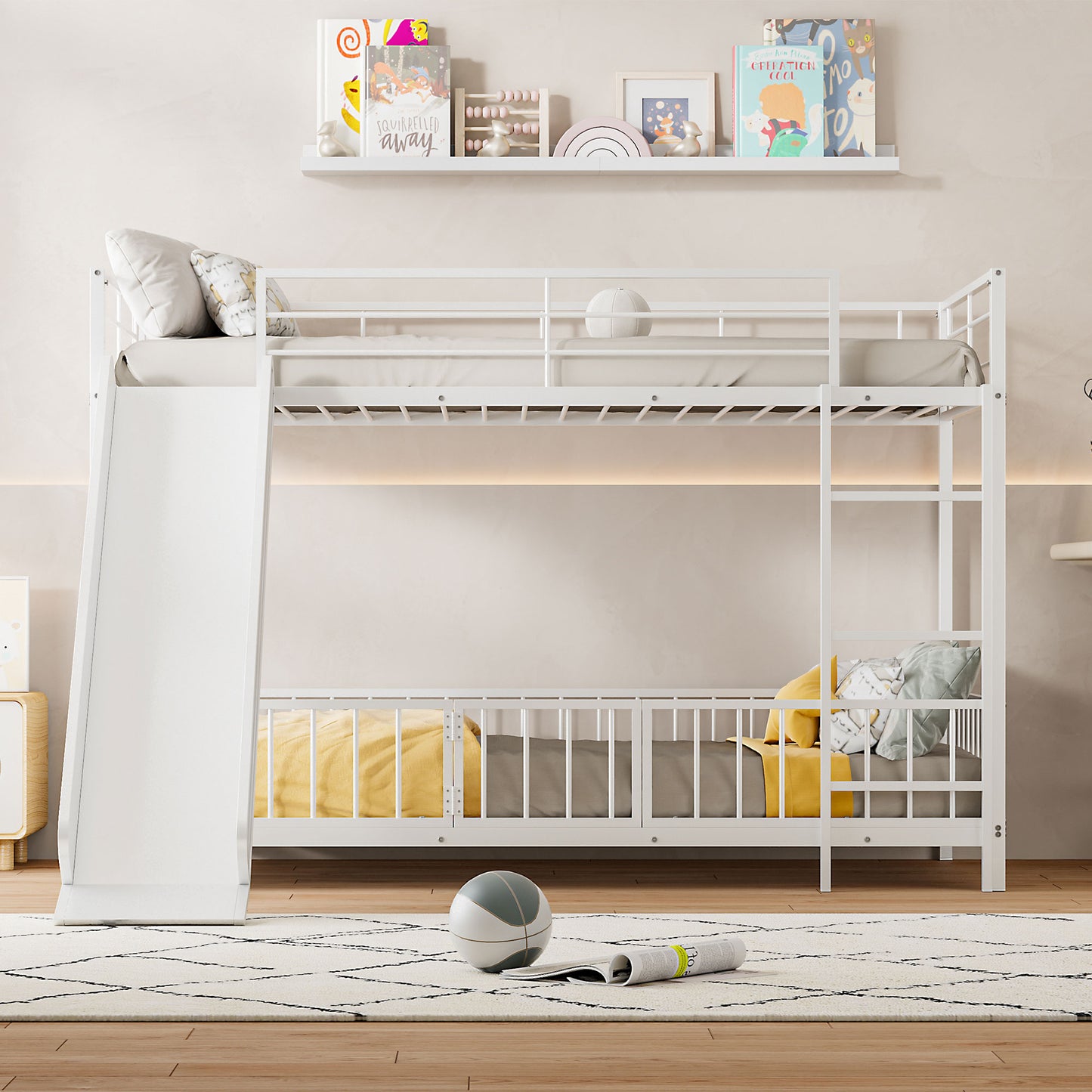 White metal twin over twin bunk bed with slide and ladder