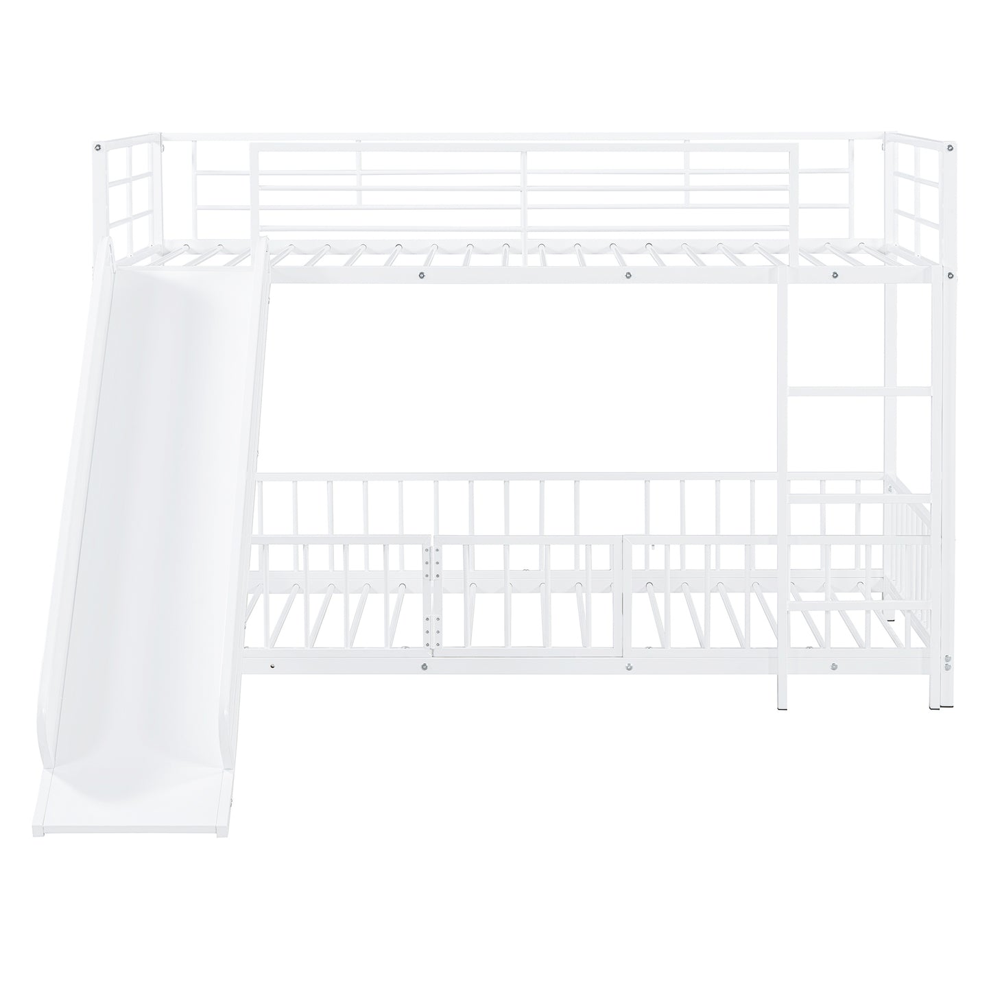 White metal twin over twin bunk bed with slide
