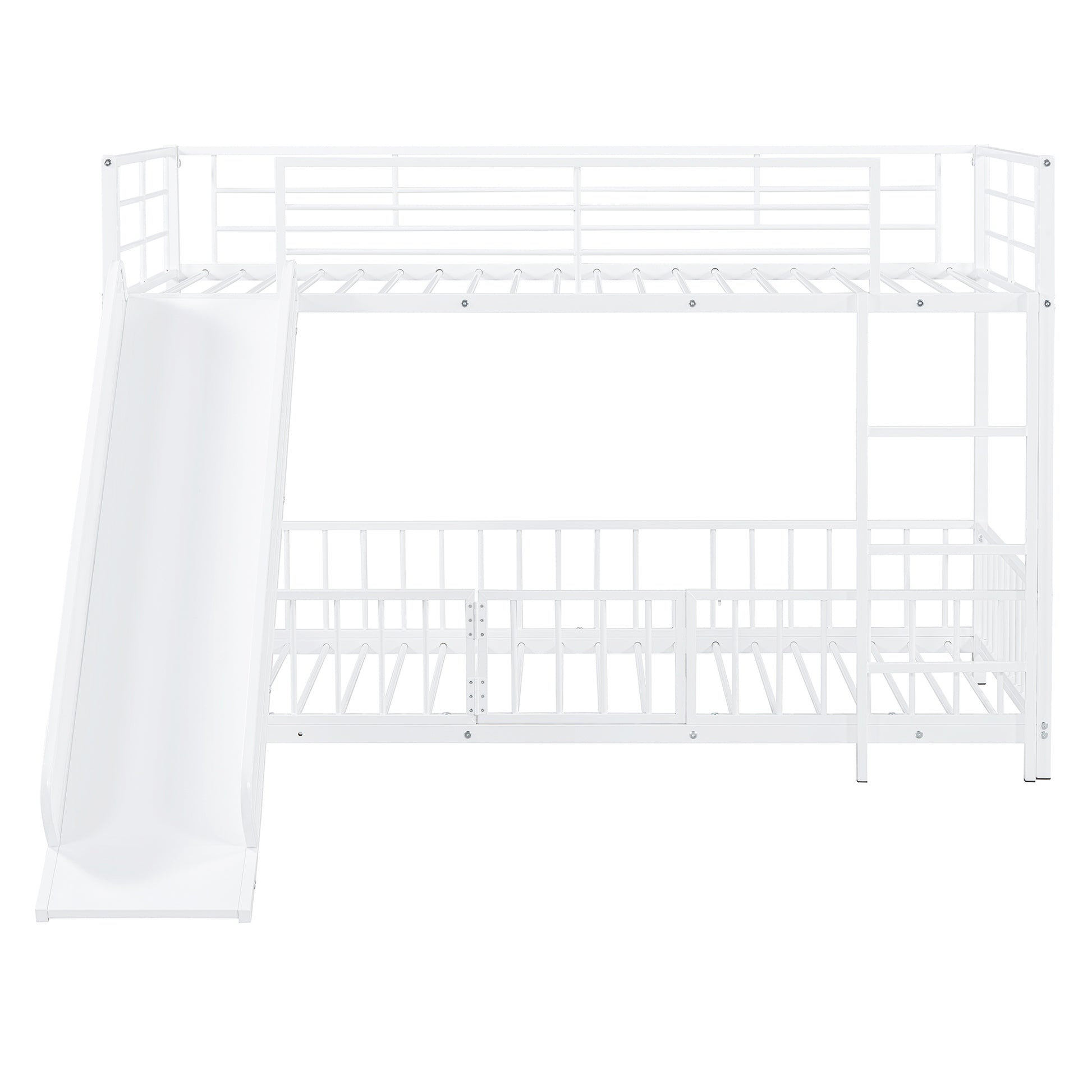 White metal twin over twin bunk bed with slide