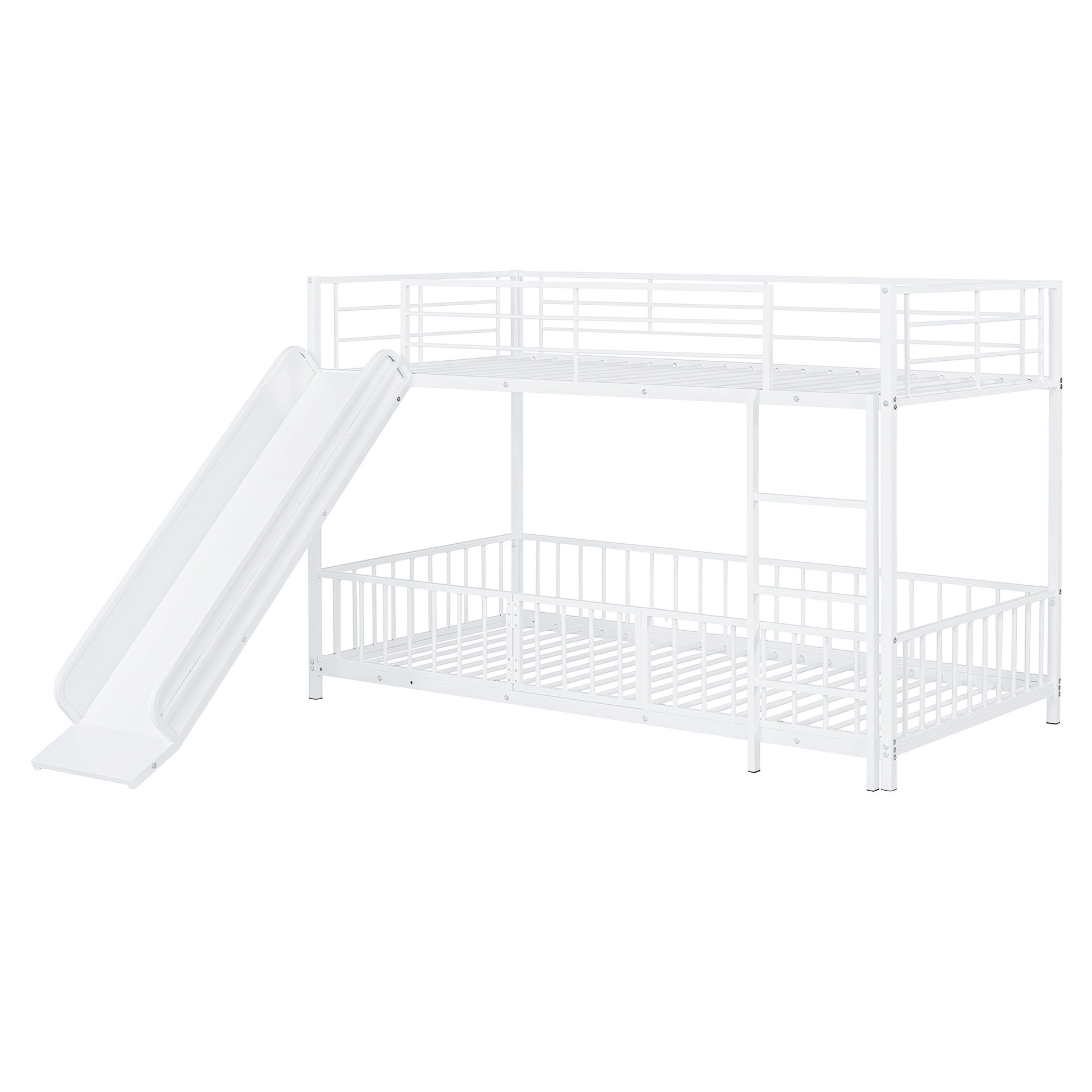 White metal twin over twin bunk bed with integrated slide