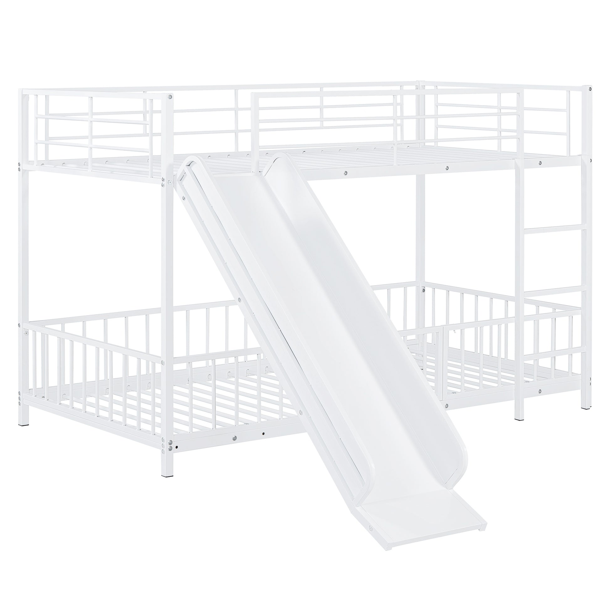 White metal twin bunk bed with integrated slide