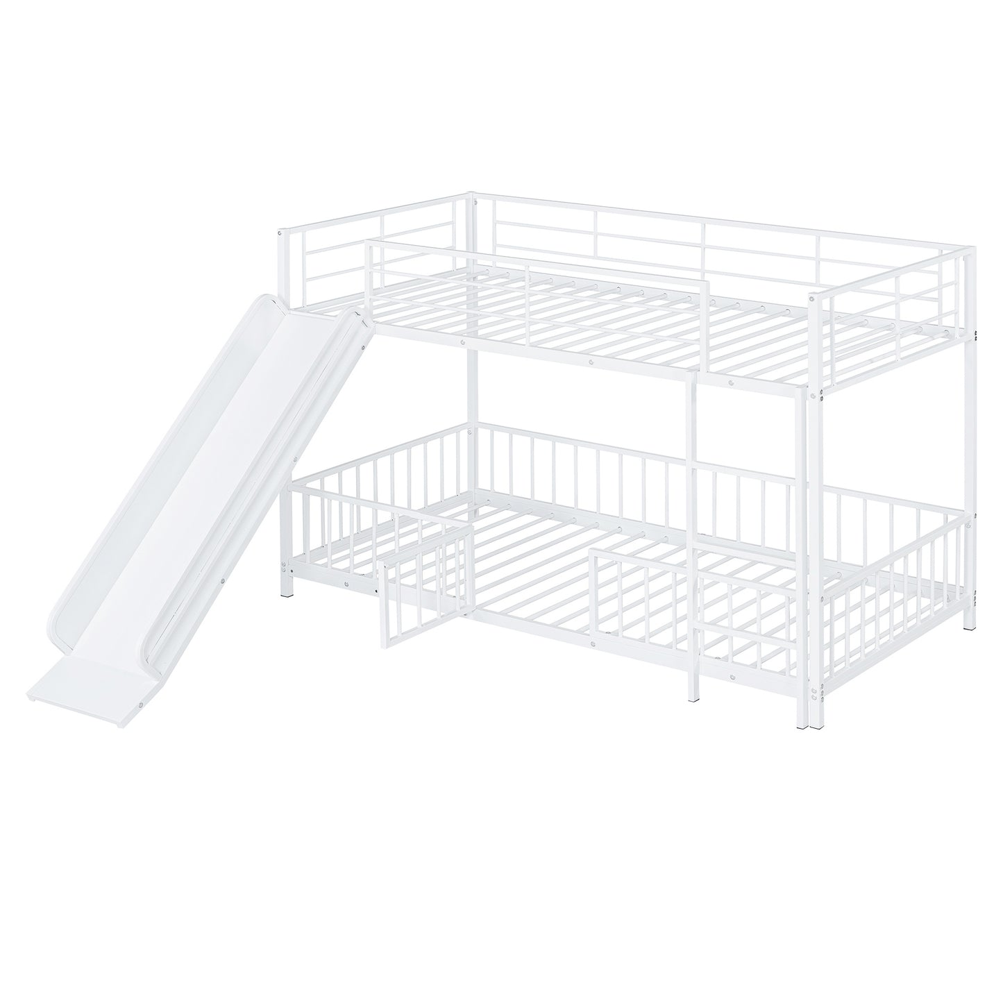White metal bunk bed with slide