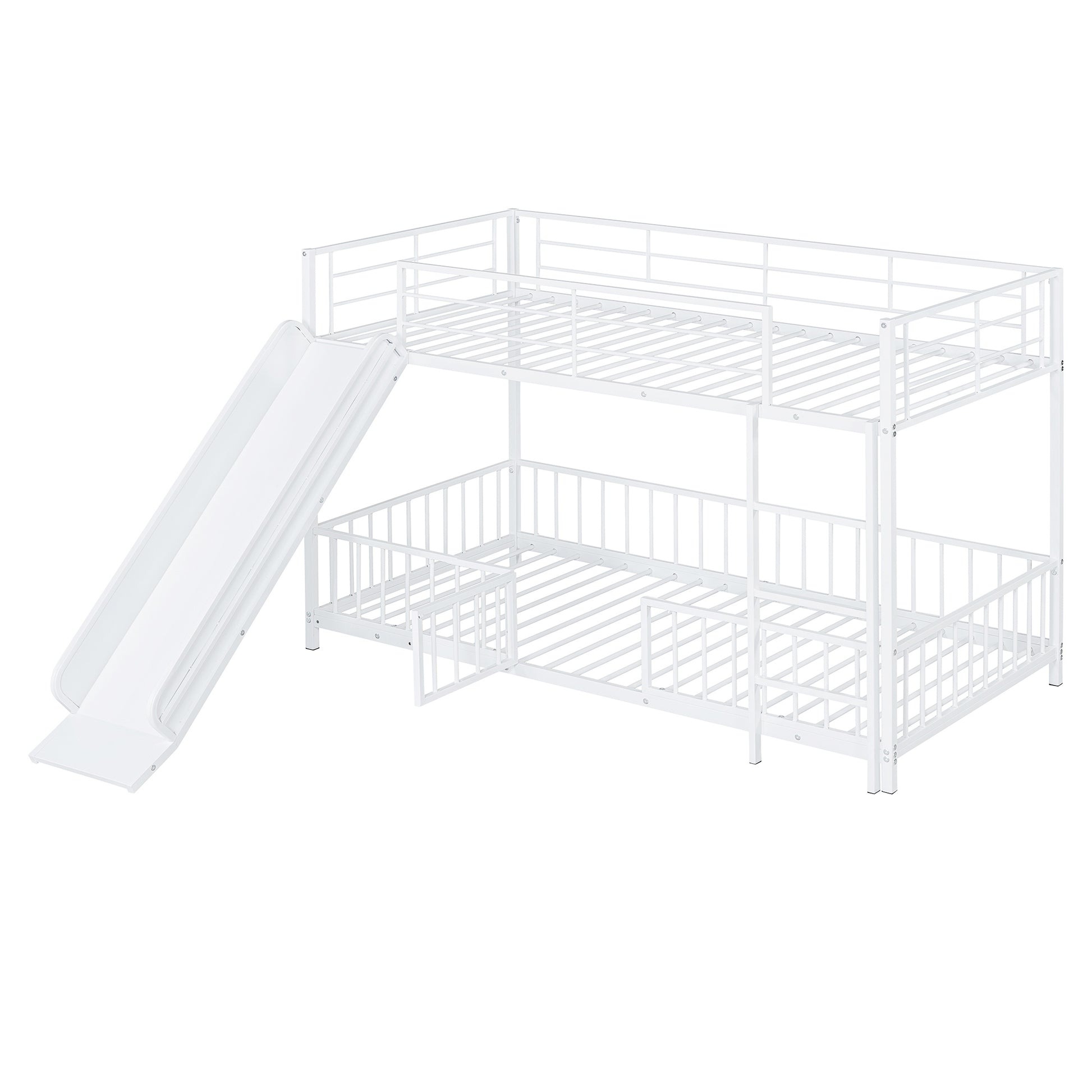 White metal bunk bed with slide